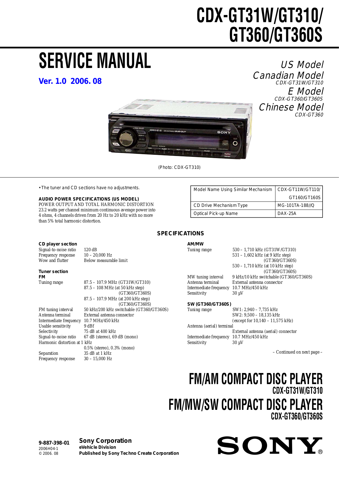 Sony CDX-GT31W, CDX-GT310, CDX-GT360, CDX-GT360S Service Manual