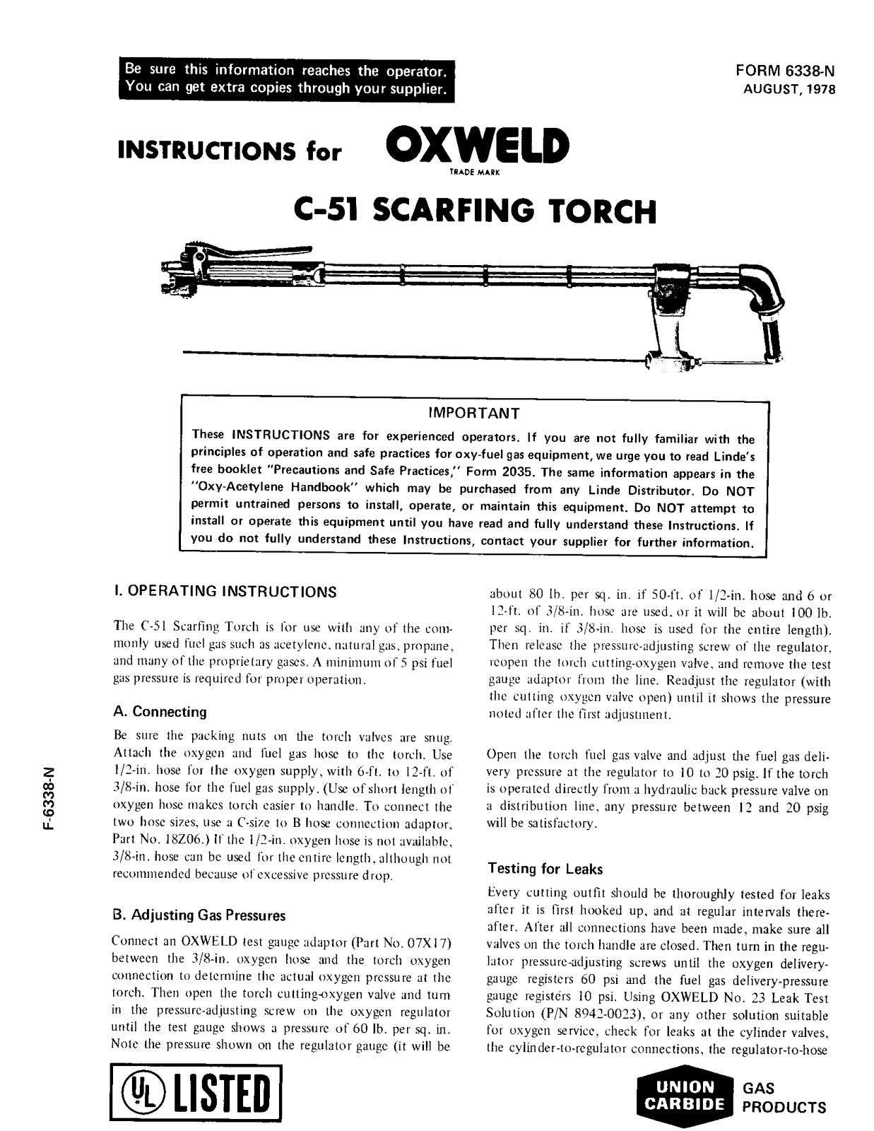 UNION CARBIDE OXWELD C-51 Scarfing Torch Troubleshooting instruction
