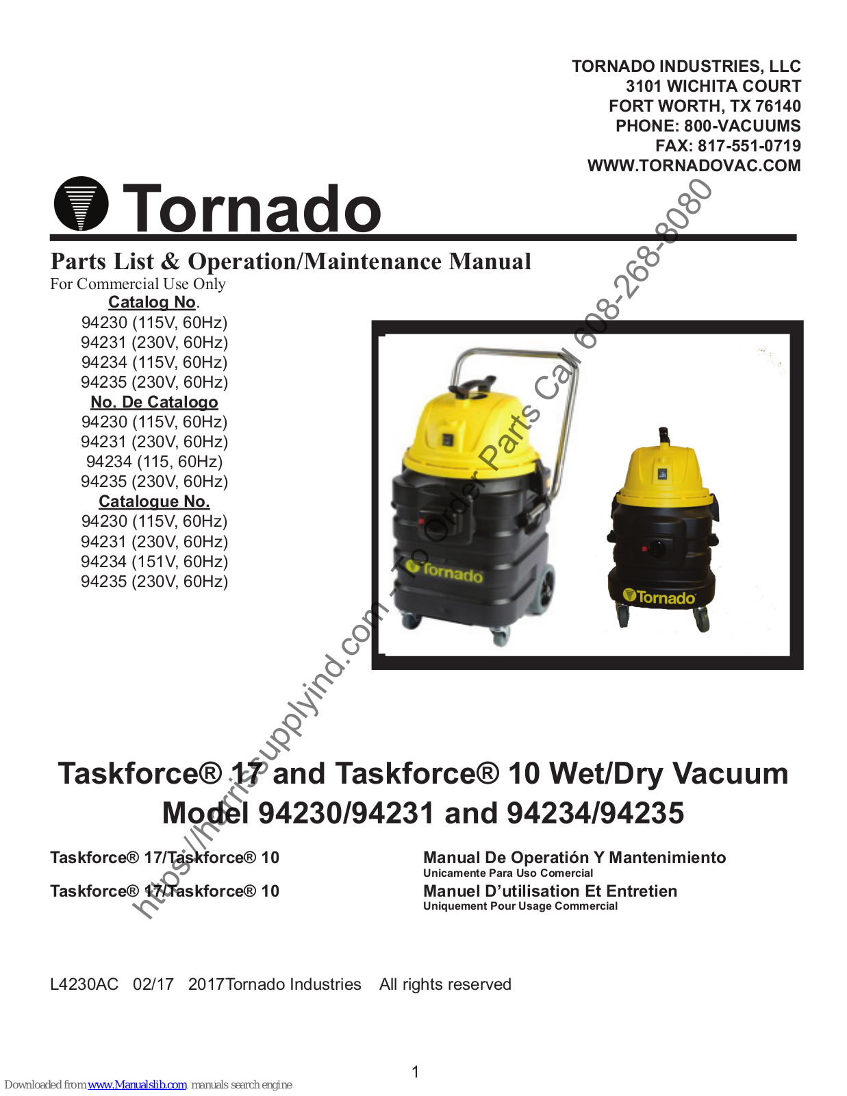 Tornado Taskforce 17, Taskforce 10, 94230, 94231, 94234 Operation And Maintenance Manual With Illustrated Parts List