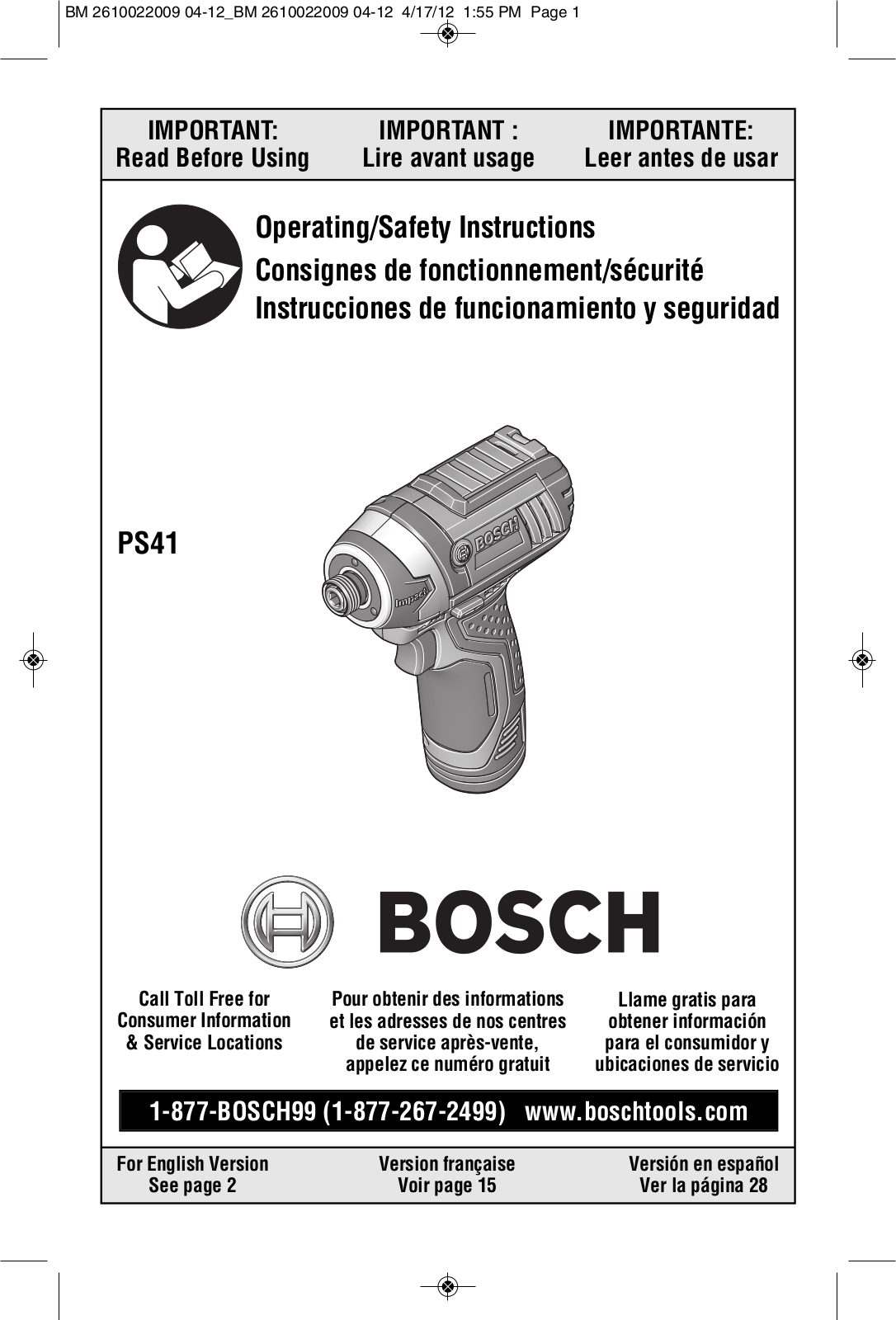 Bosch Power Tools PS41BN, PS41-2A, PS41B, CLPK27-120, CLPK28-120 User Manual