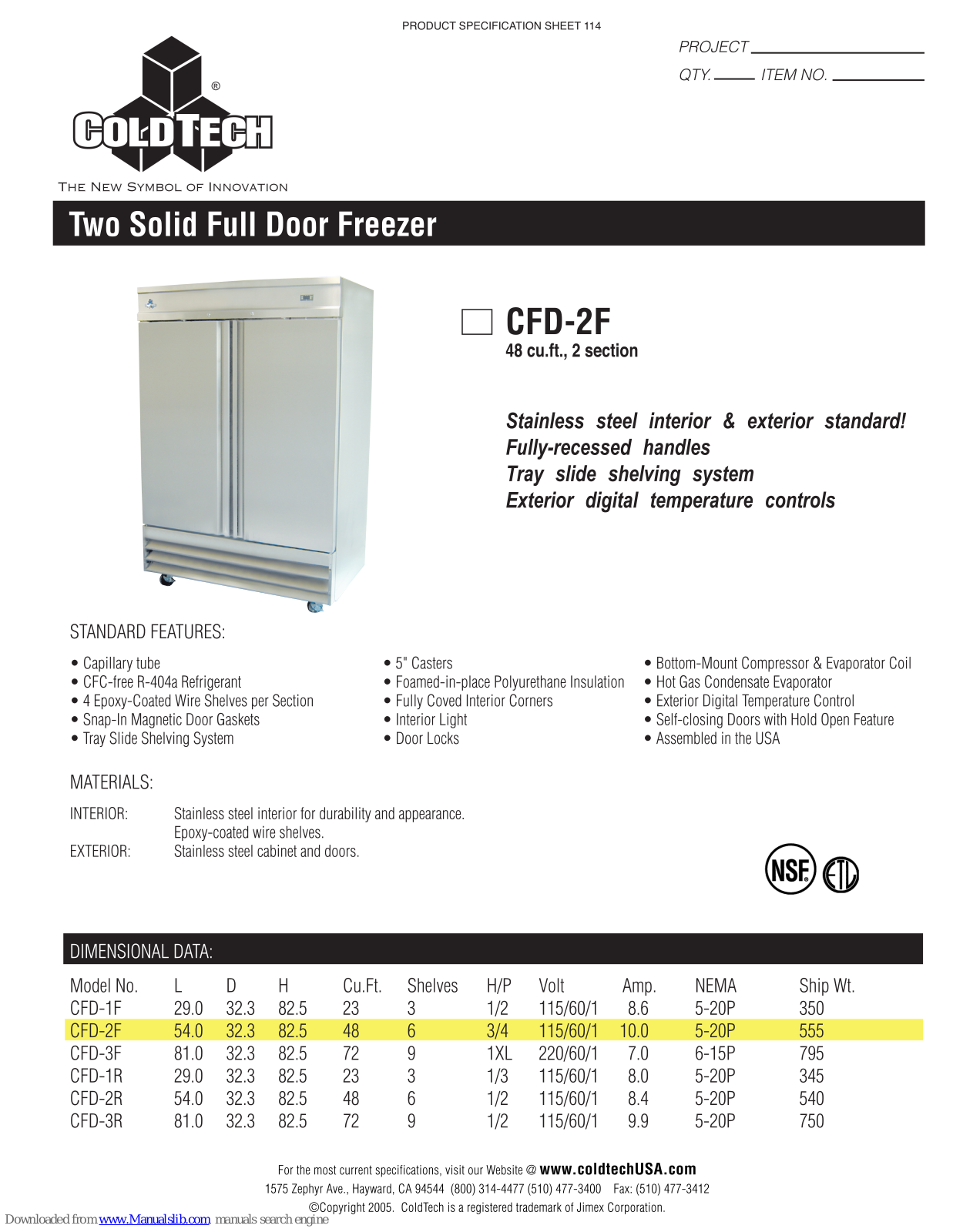 ColdTech CFD-2F Specifications