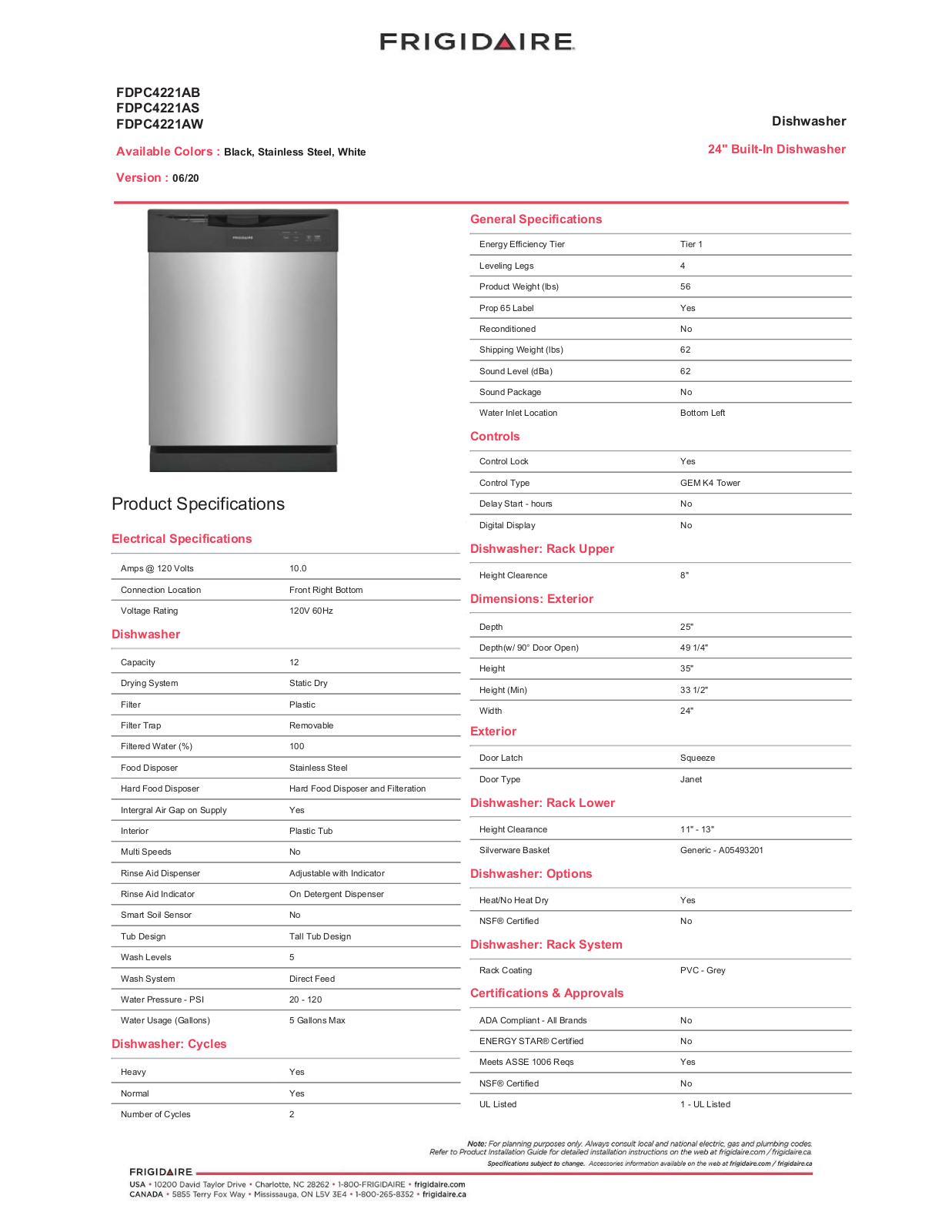 Frigidaire FDPC4221AB, FDPC4221AS, FDPC4221AW Specification Sheet