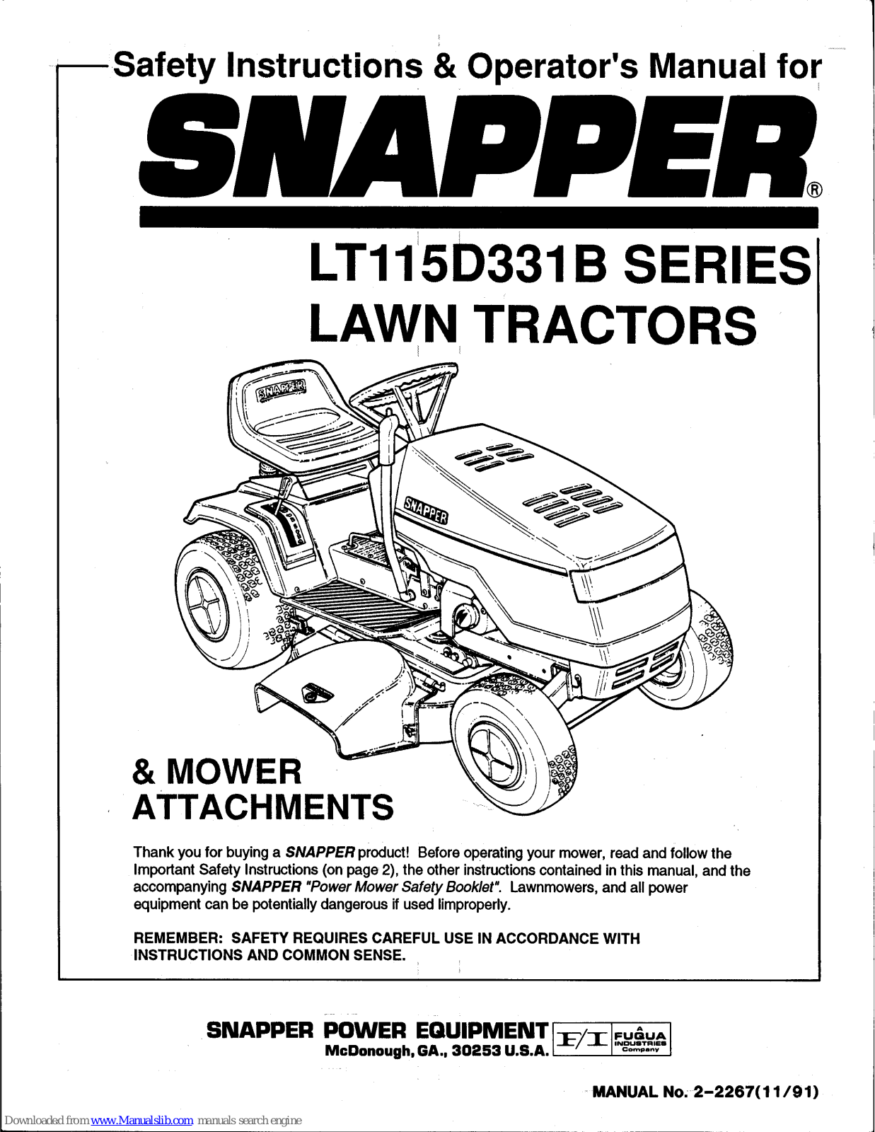 Snapper LT115D331B Series Safety Instructions & Operator's Manual