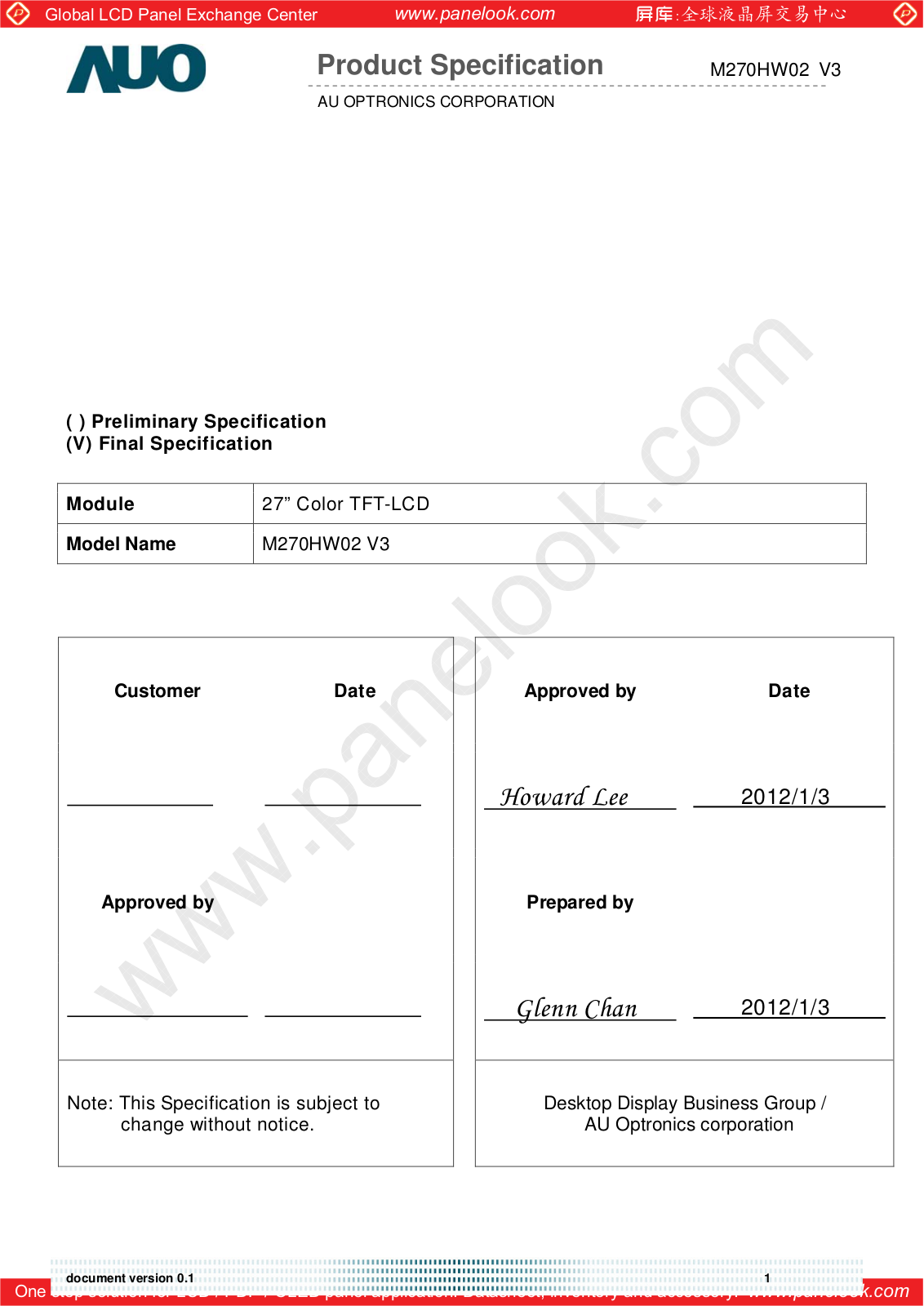 AUO M270HW02 V3 Specification - ManualMachine.com