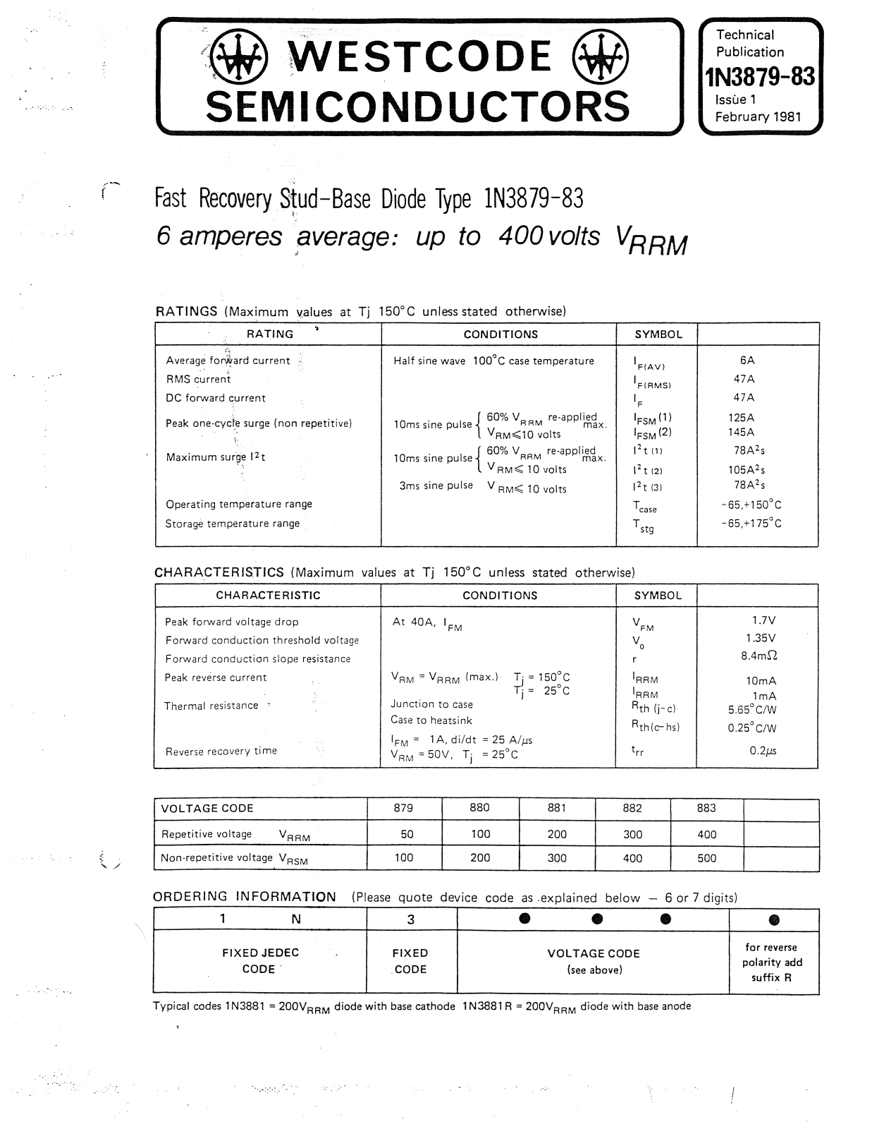 Datasheet 1N3879-83 Datasheet (Westcode Semiconductors) - ManualMachine.com
