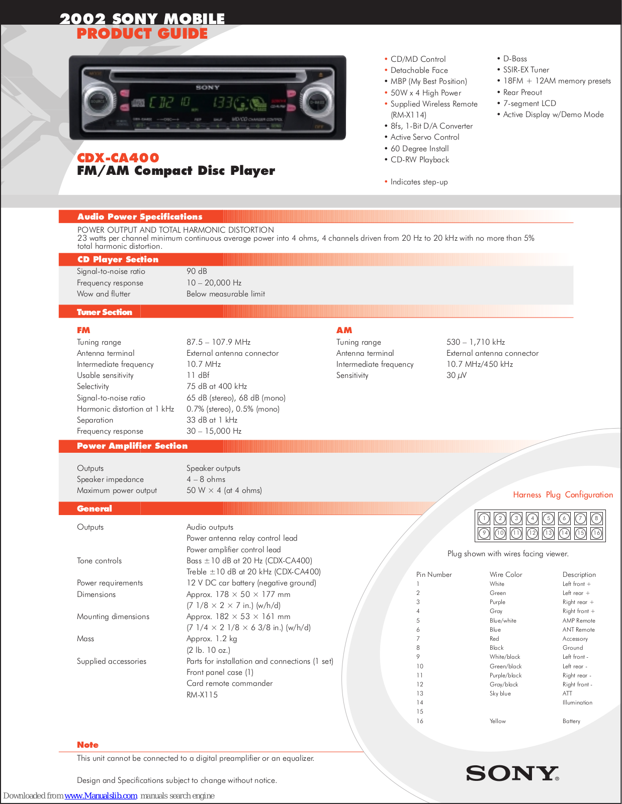 Sony CDX-CA400 Product Guide Specifications - ManualMachine.com