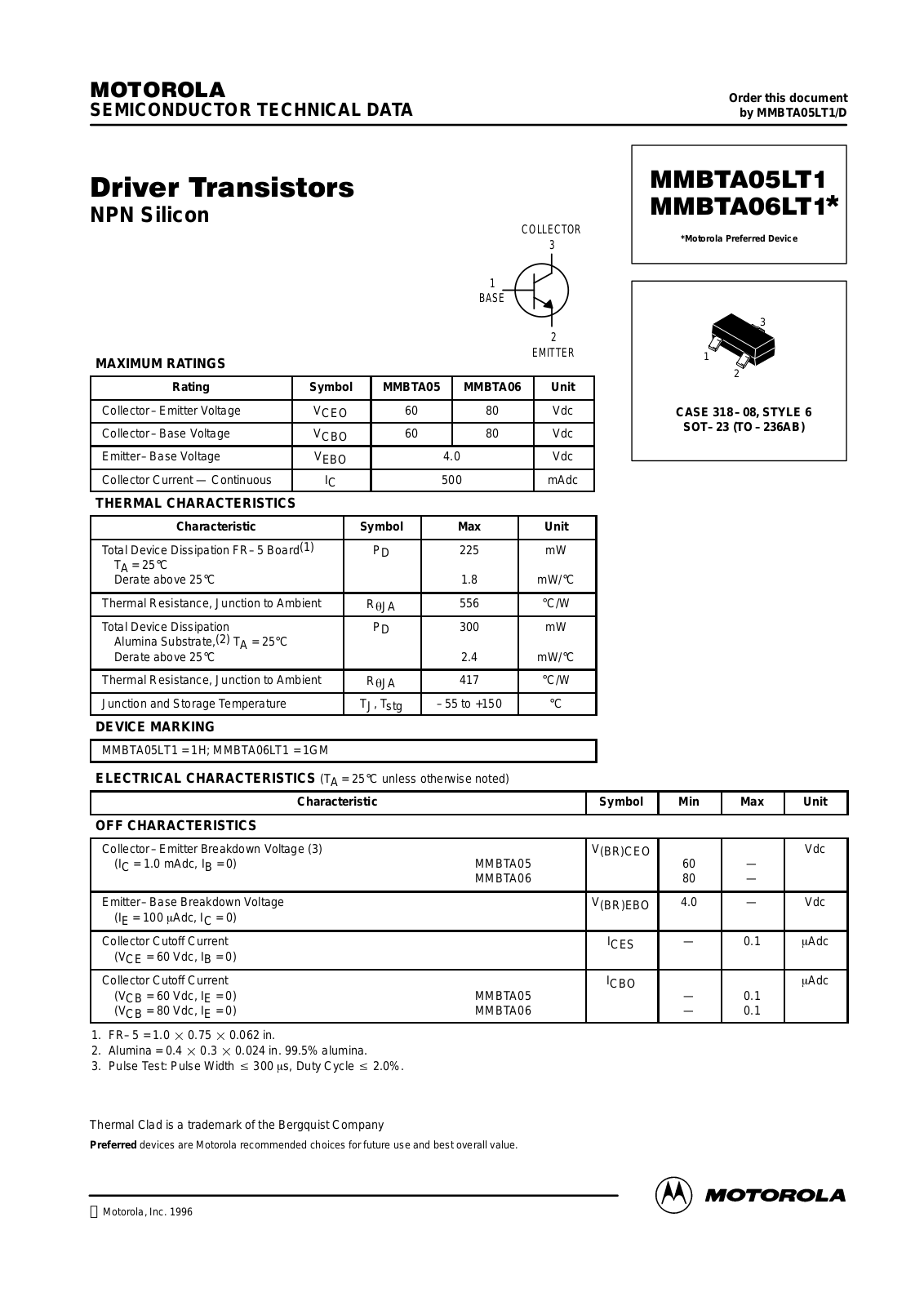 MOTOROLA MMBTA05LT1, MMBTA06LT3 Datasheet