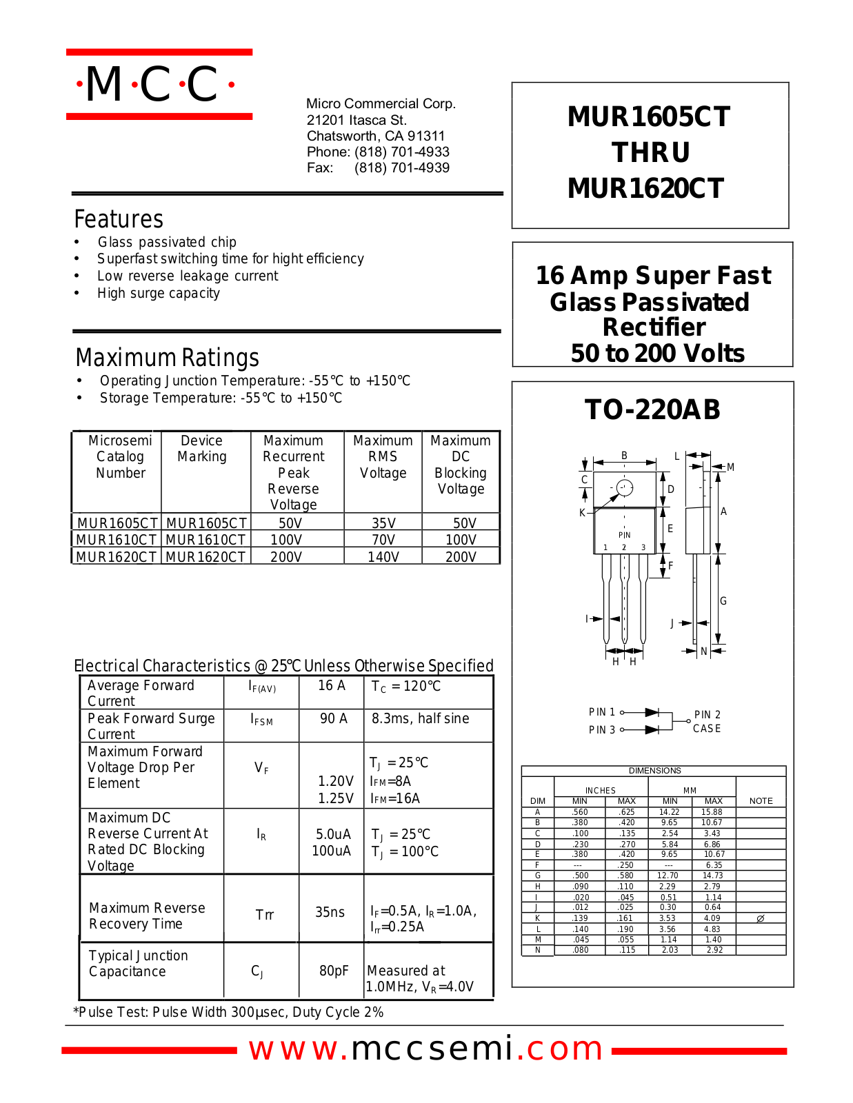 MCC MUR1605CT, MUR1620CT, MUR1610CT Datasheet