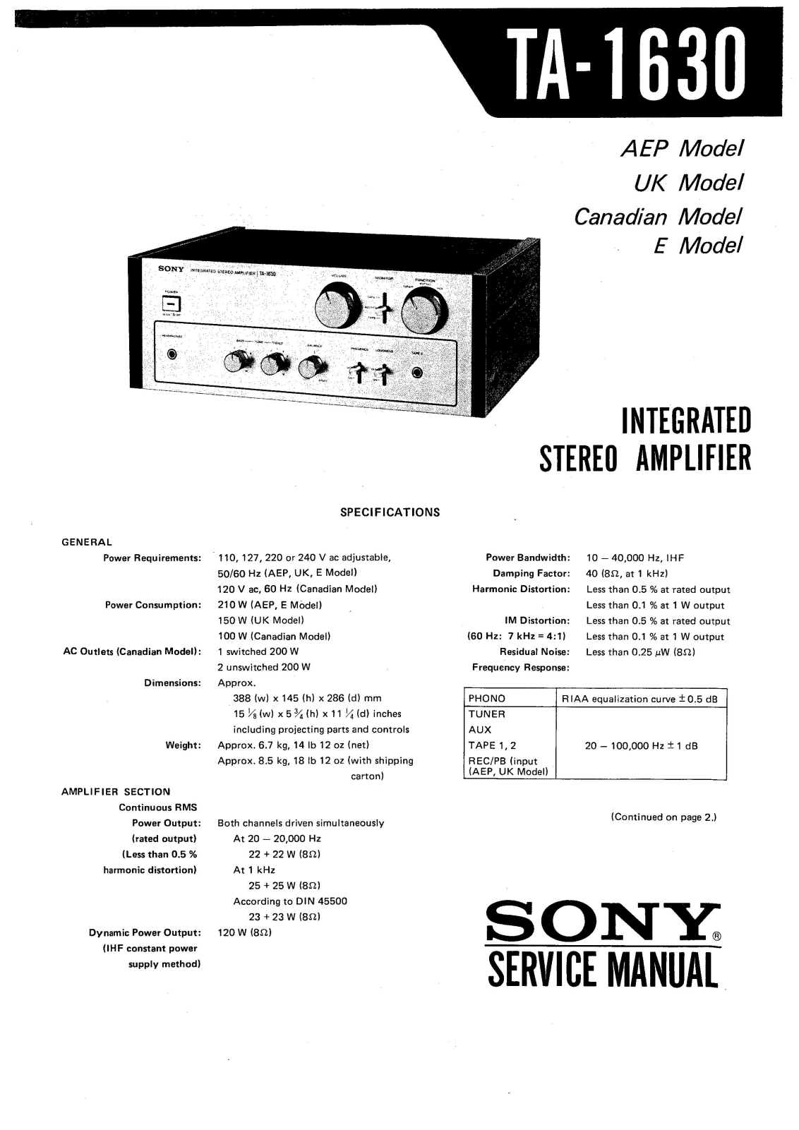 Sony TA-1630 Service manual