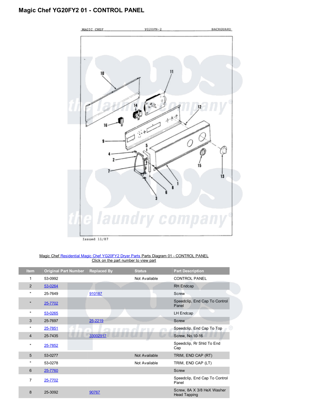 Magic Chef YG20FY2 Parts Diagram