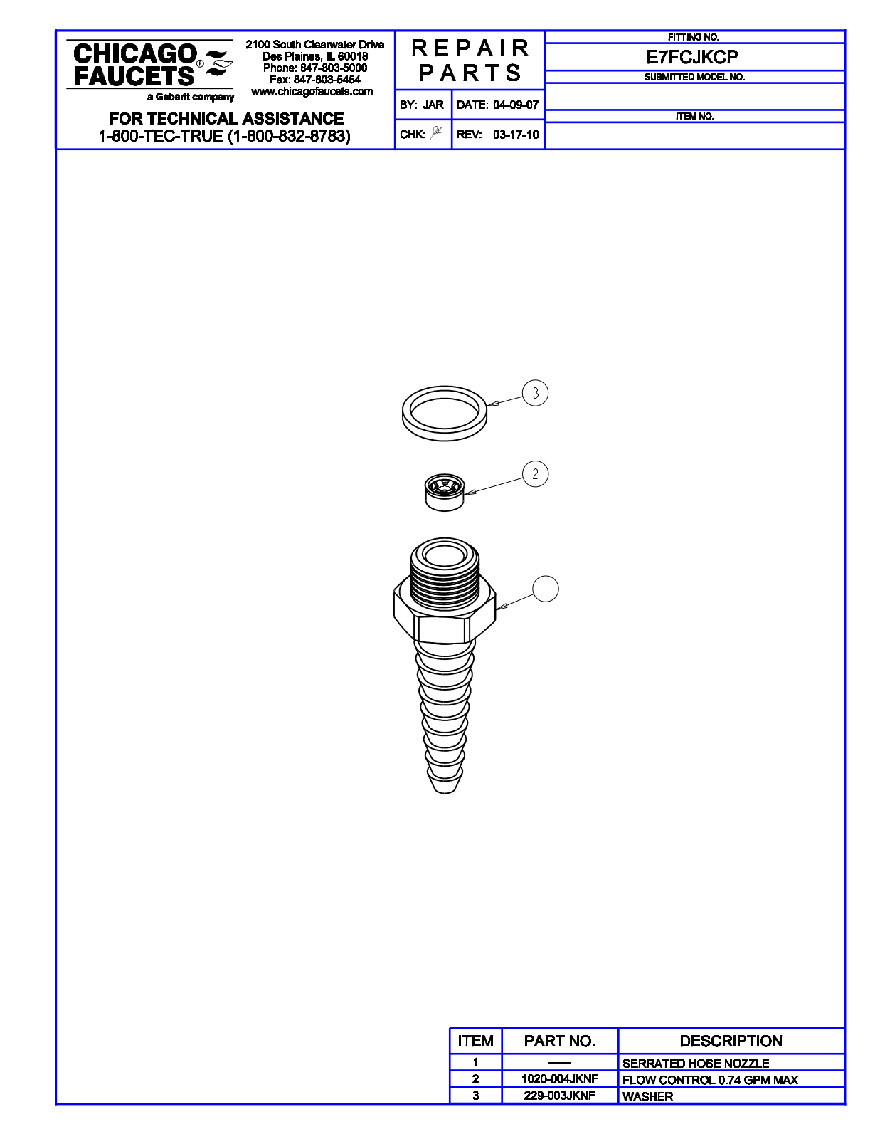 Chicago Faucet E7FCJK Parts List