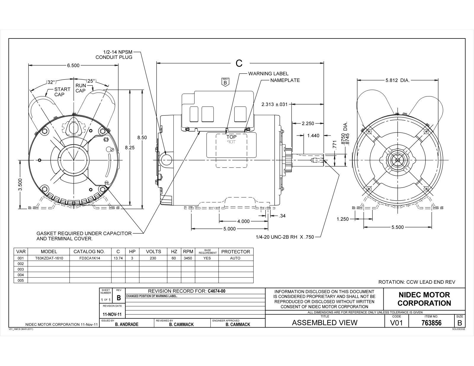 US Motors FD3CA1K14 Dimensional Sheet