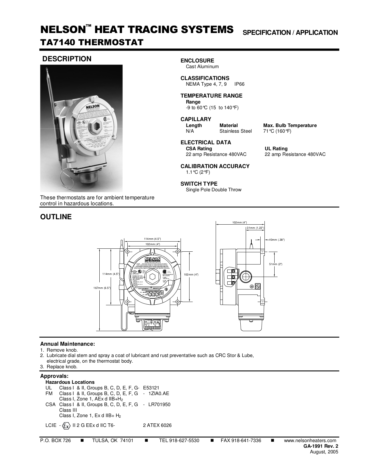 Nelson Heat Trace TA7140 Application Information