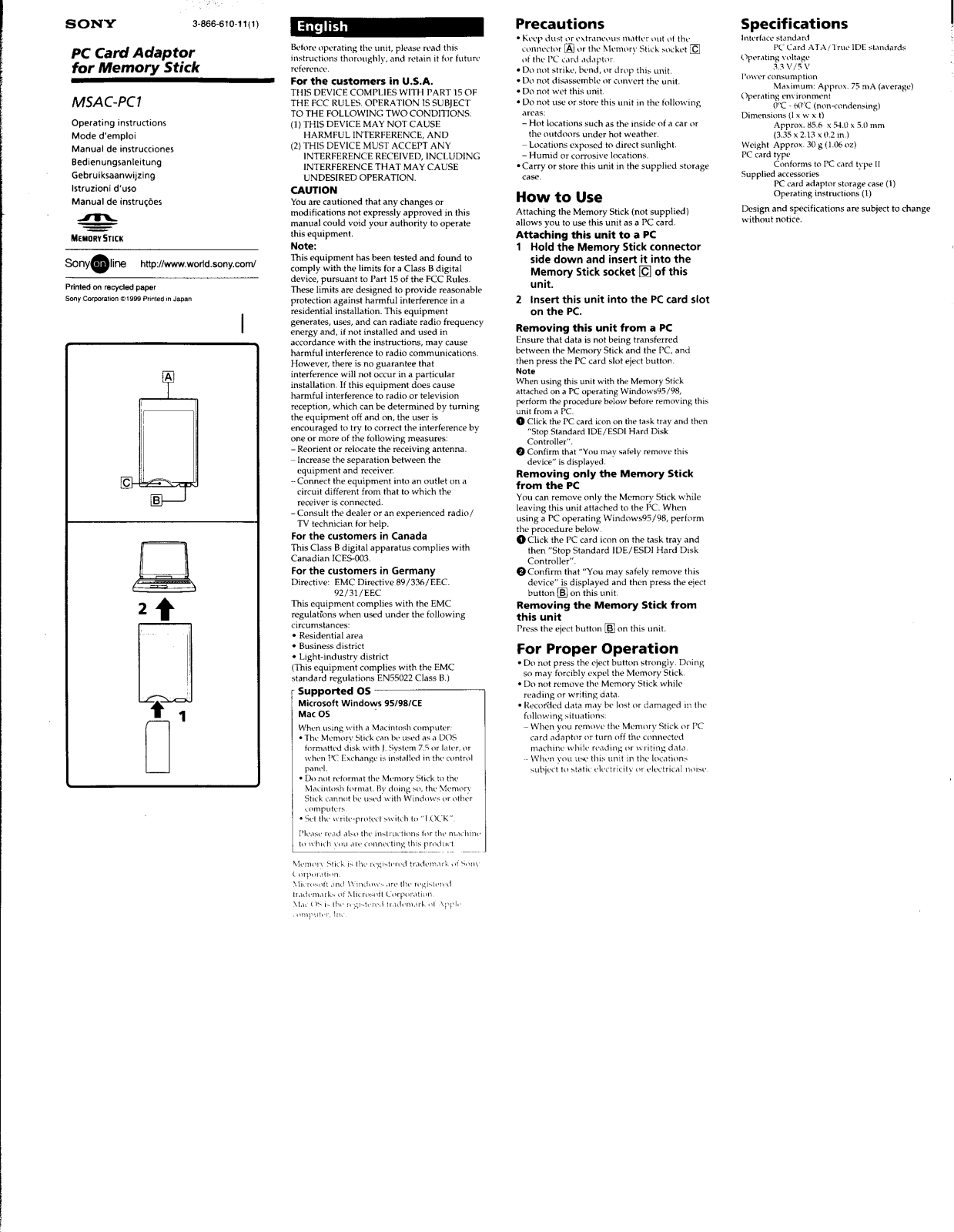 Sony MSACPC1 Operating Manual