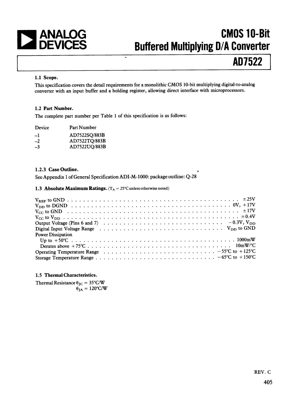 Analog Devices AD7522TQ-883, AD7522SQ-883, AD7522UQ-883 Datasheet