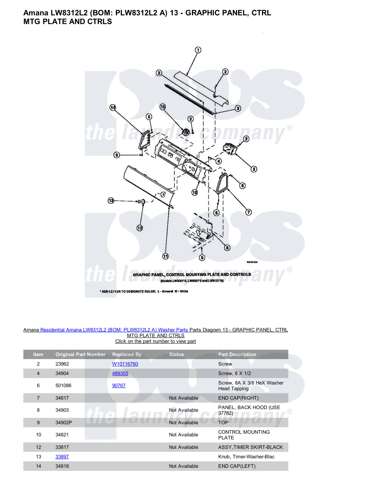 Amana LW8312L2 Parts Diagram