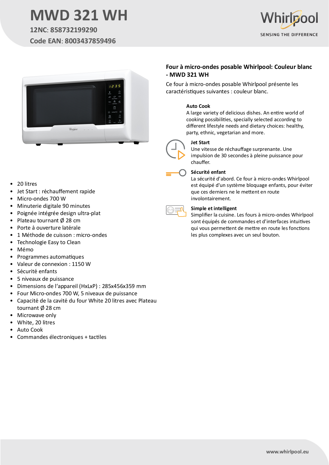 Whirlpool MWD 321 WH Product information