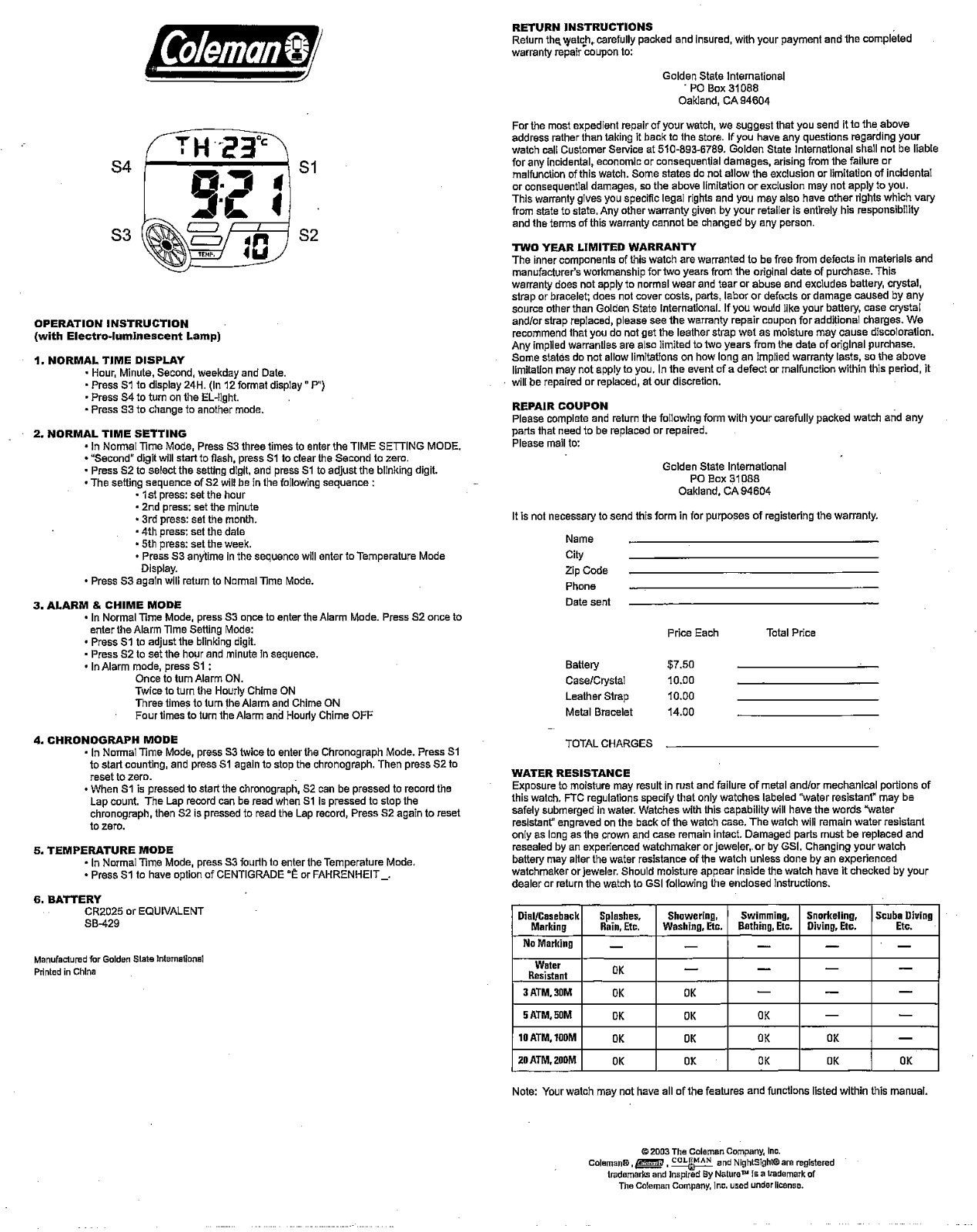 Golden State International 40-374, 40-920 User Manual