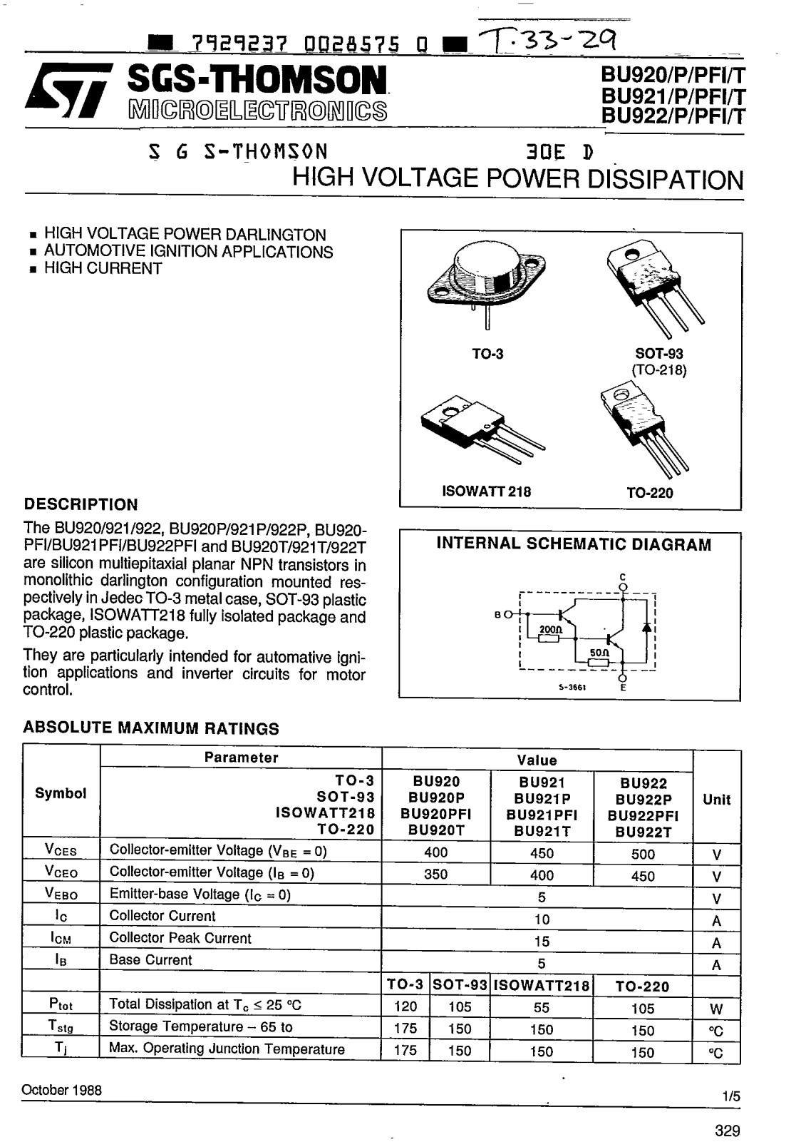 SGS Thomson Microelectronics BU921PFI, BU921P, BU921, BU920PFI, BU920P Datasheet