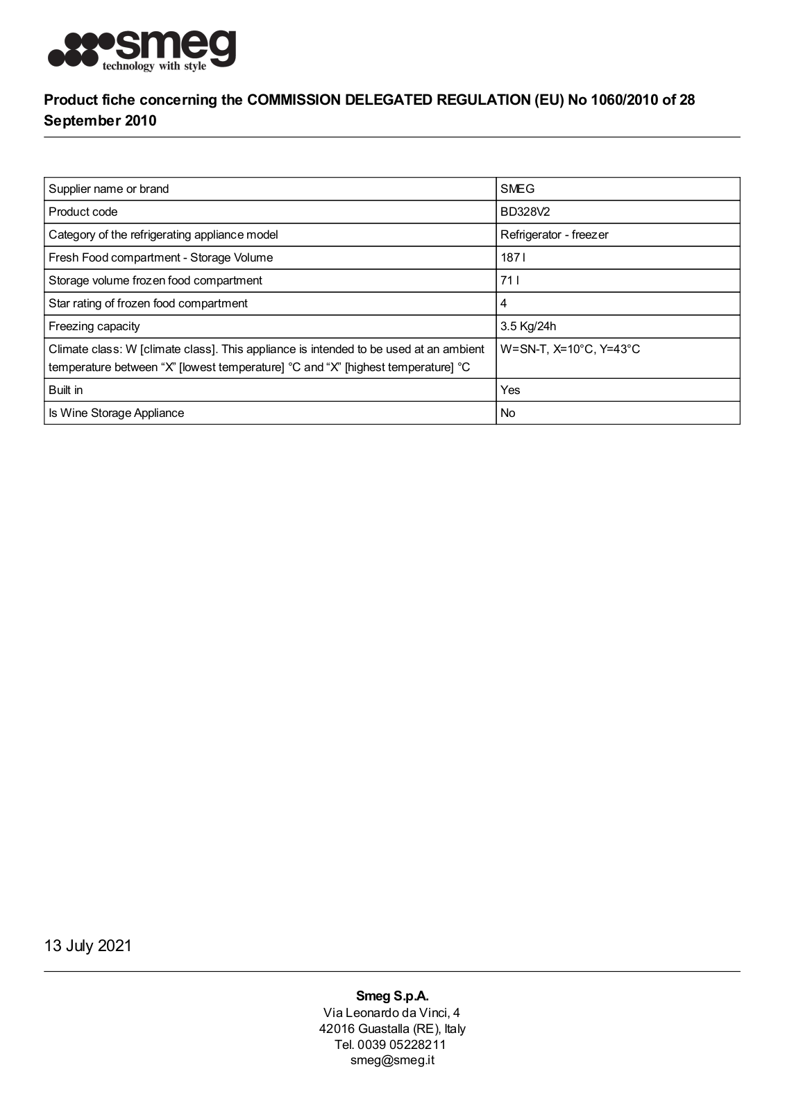 Smeg BD328V2 product information sheet