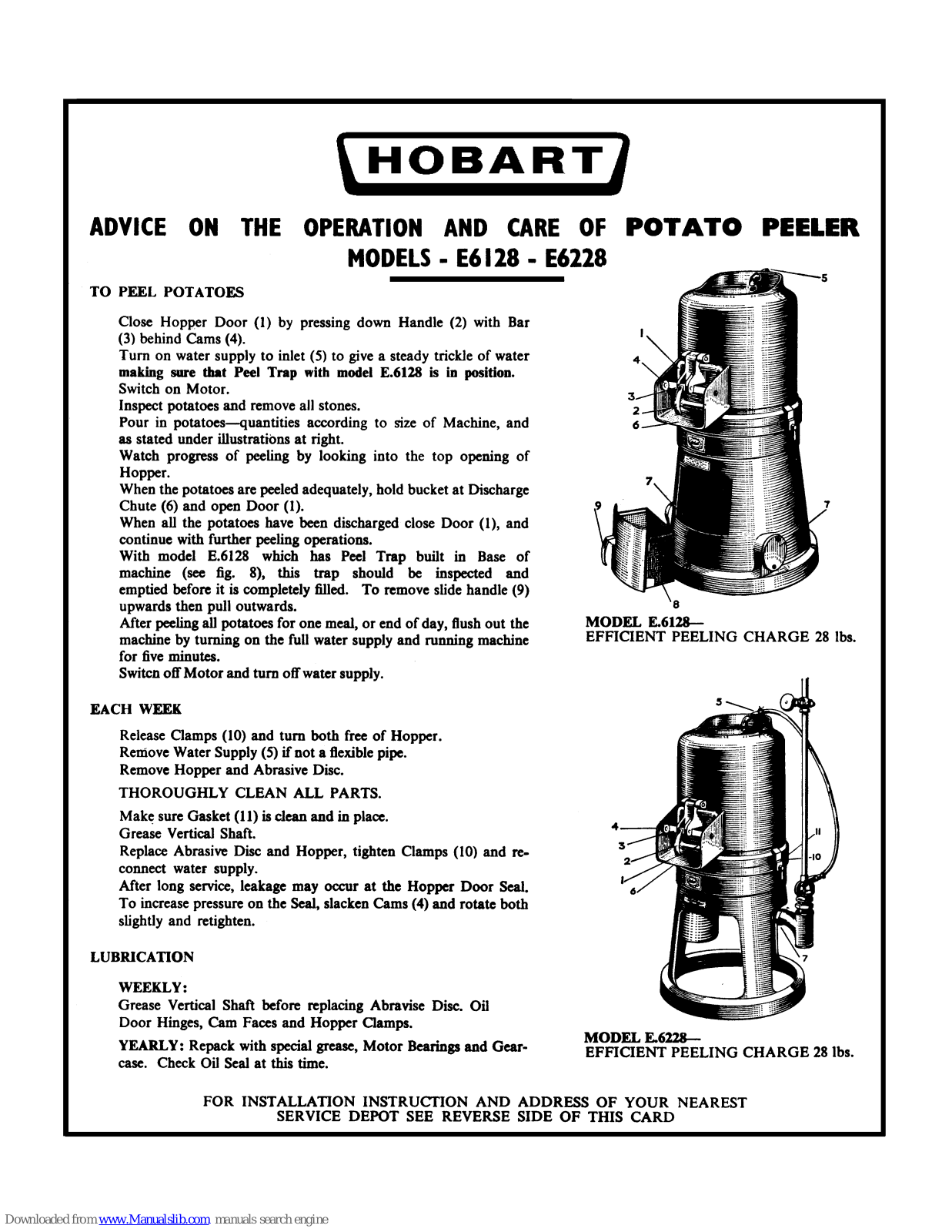 Hobart E6128, E6228 Operation And Care Manual