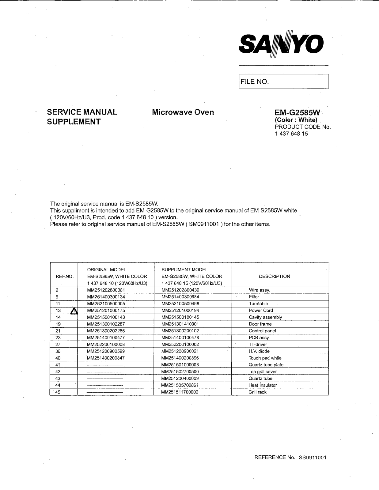 Sanyo EM-G2585WSS0911001 Schematic