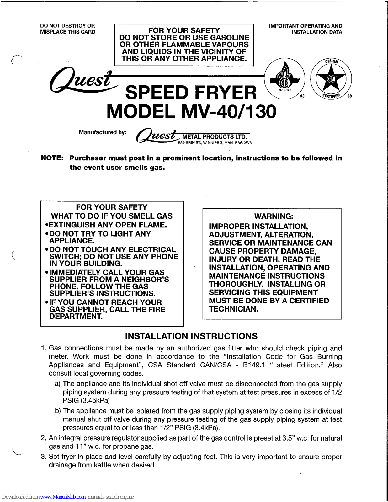 Quest Engineering MV-40, MV-130 Installation Instructions Manual