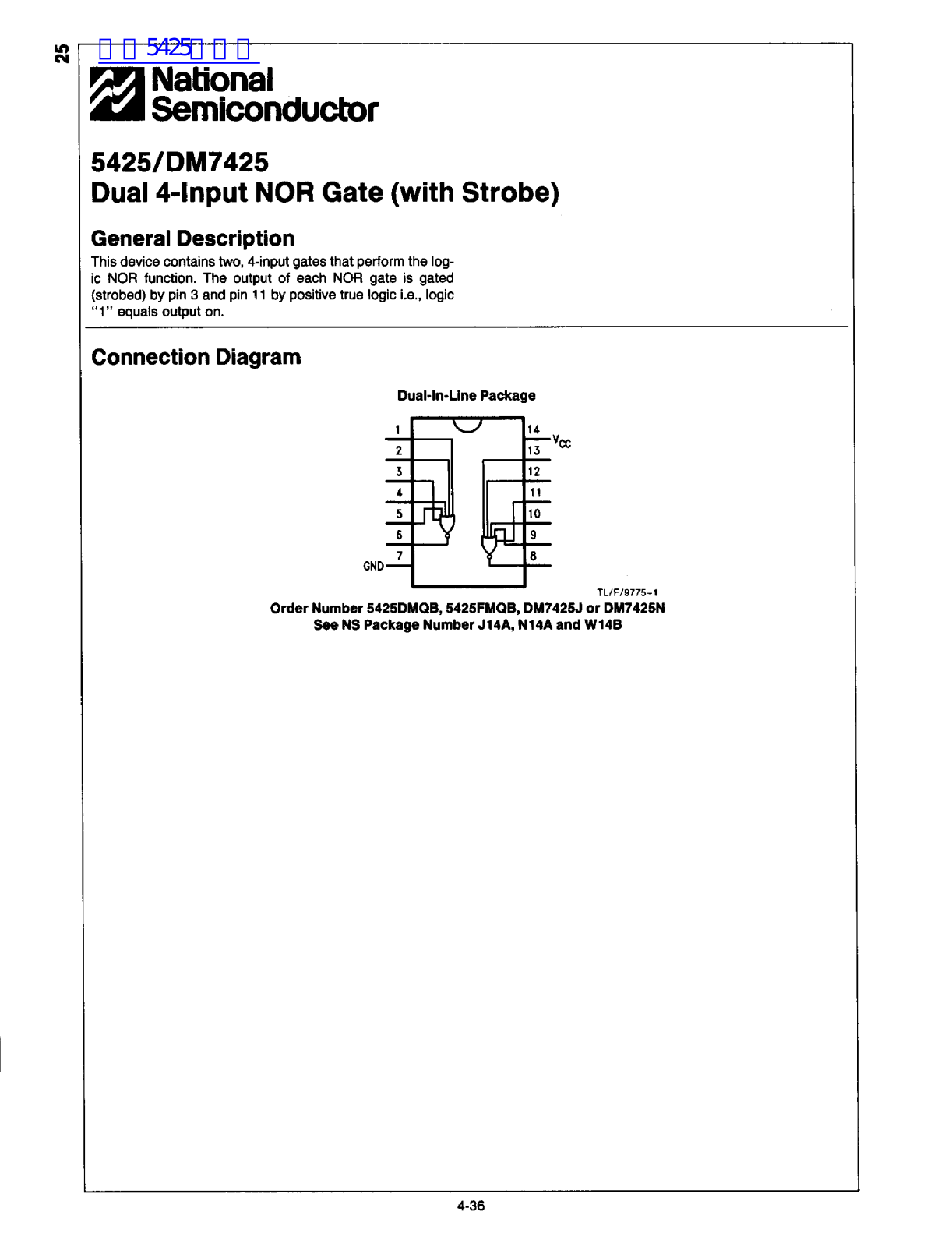 National Semiconductor 5425, DM7425 Technical data