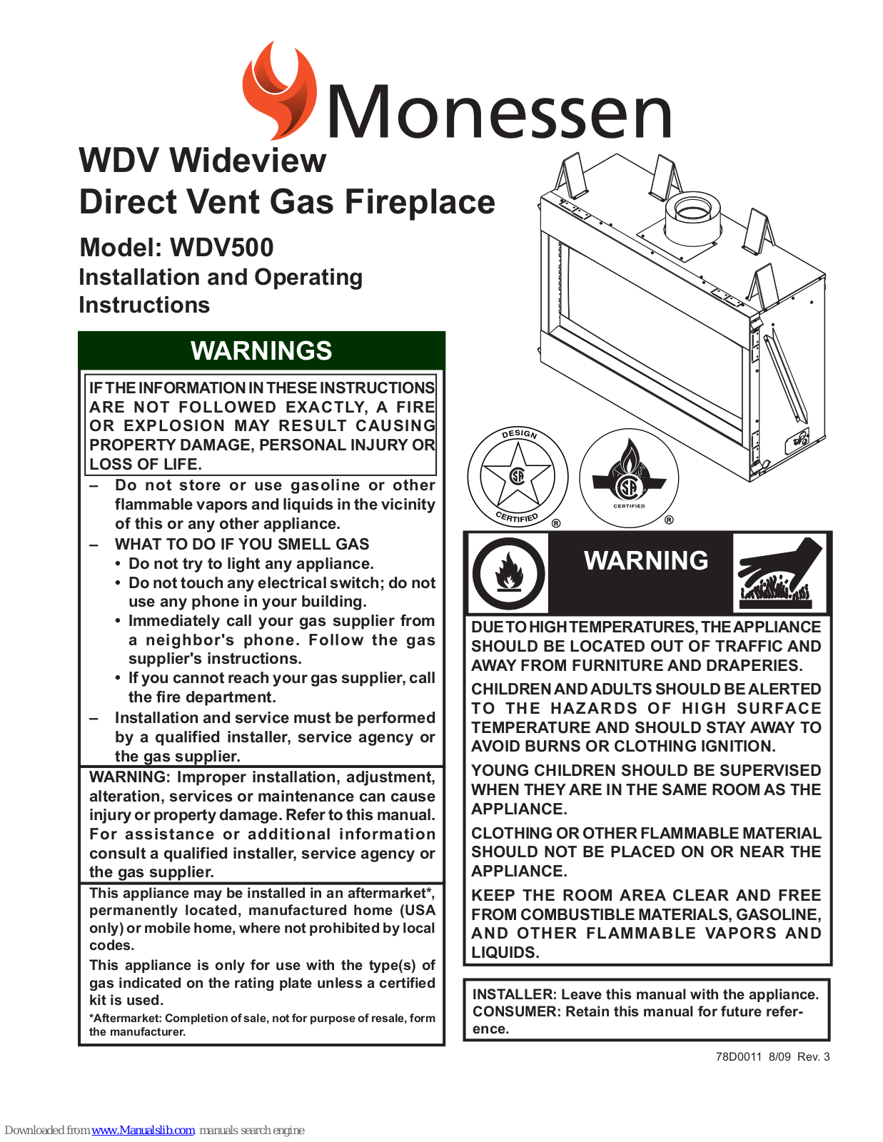 Monessen Hearth WDV500NTSC, WDV500PTSC Installation And Operating Instructions For