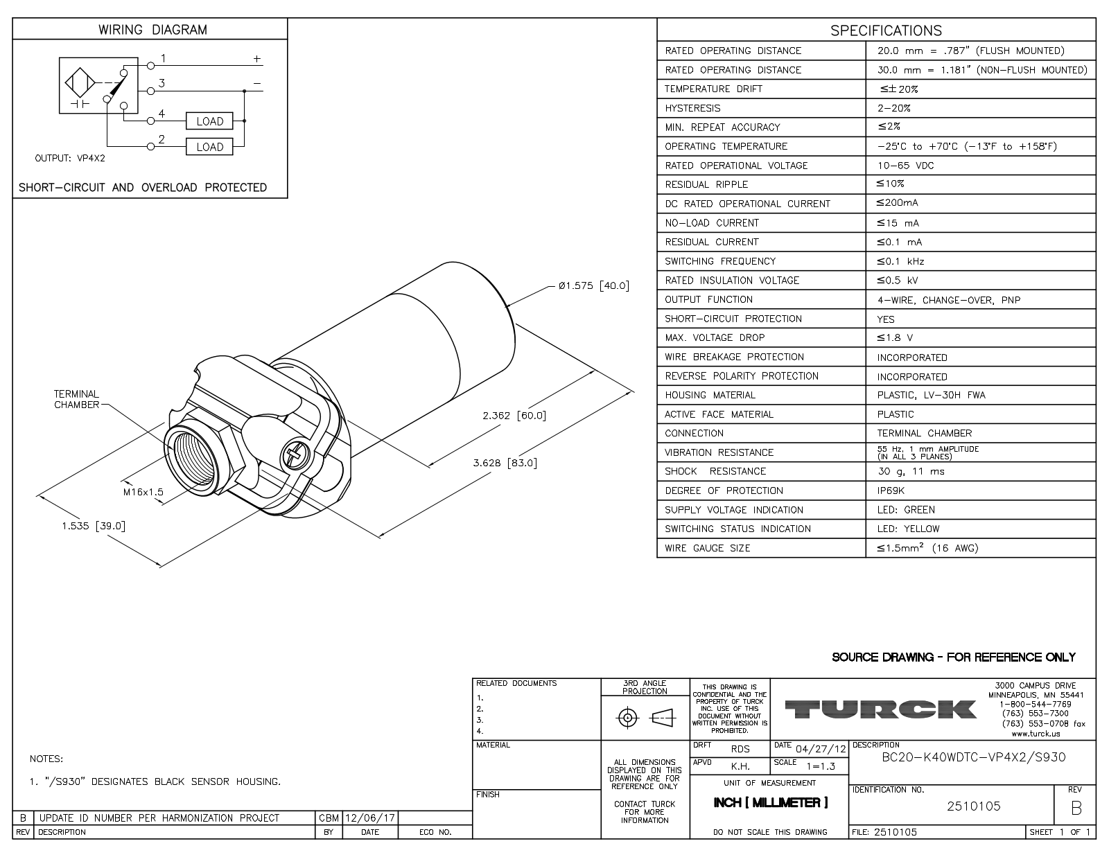 Turck BC20-K40WDTC-VP4X2/S930 Data Sheet