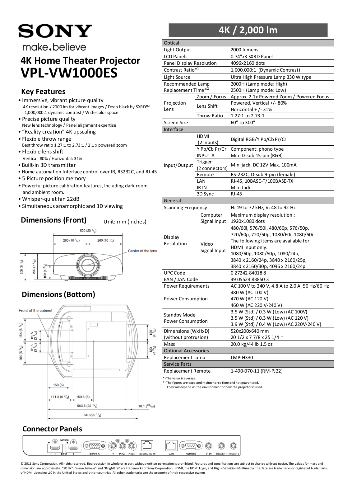 Sony VPL-VW1000ES Product Sheet