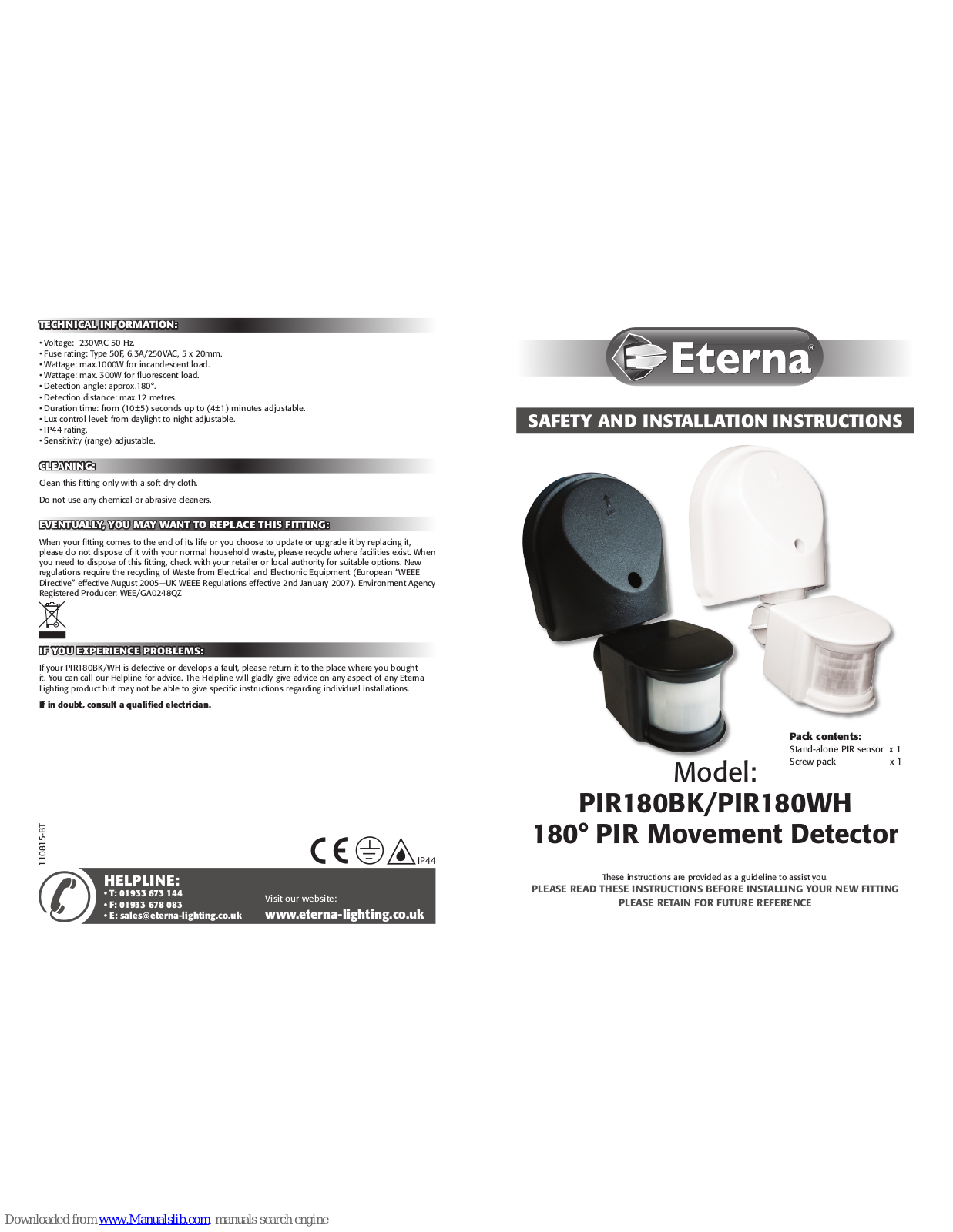 Eterna PIR180BK, PIR180WH Safety And Installation Instructions Manual