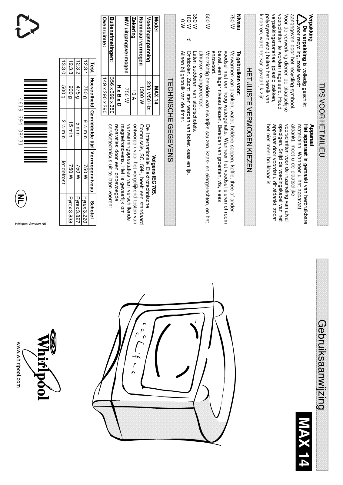 Whirlpool MAX 14/AW/2, MAX 14/AW, MAX 14/2/AB, MAX 14/2/BL, MAX 14/BL INSTRUCTION FOR USE