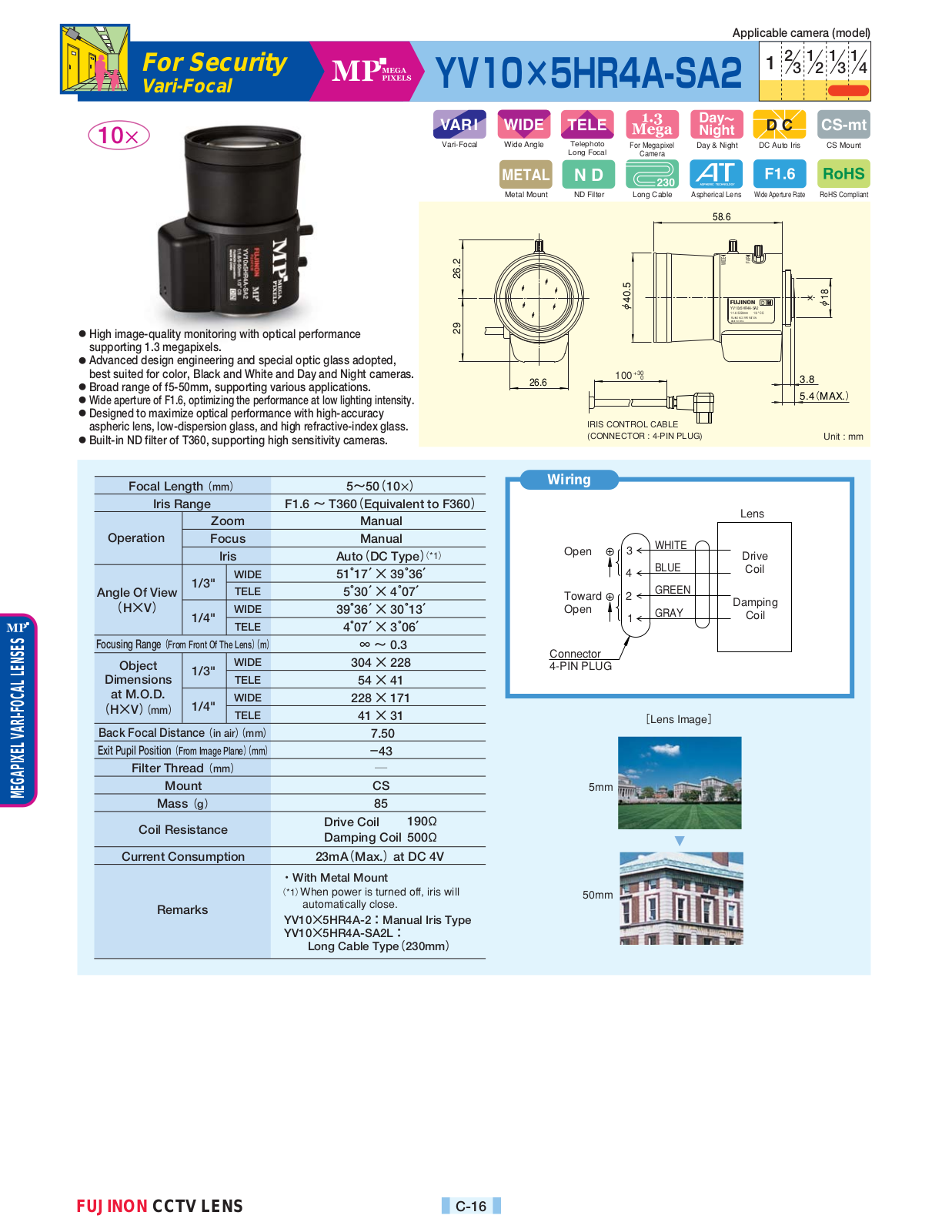 Fujinon YV10x5HR4A-2 Specsheet