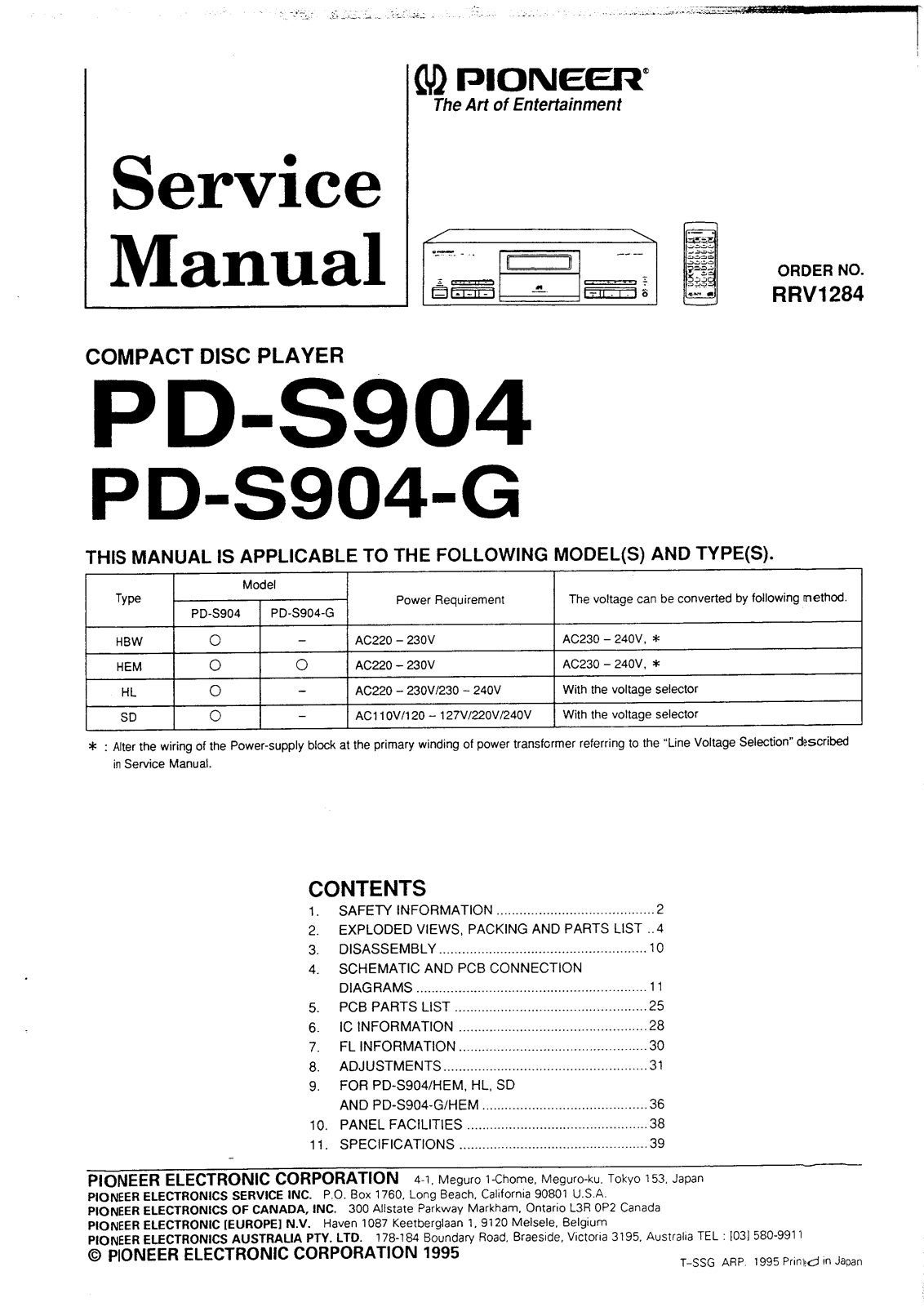 Pioneer PDS-904-G, PDS-904 Service manual