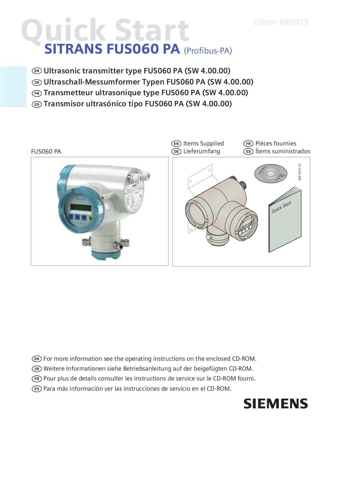 Siemens SITRANS FUS060 PA,SITRANS FUS060 HART Quick Start Manual