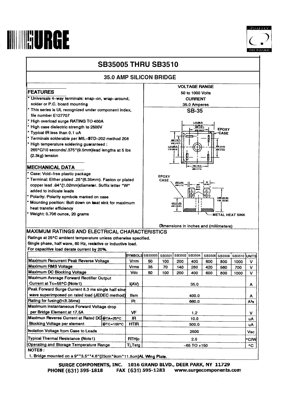 SURGE SB35005, SB35005W, SB3501, SB3501W, SB3502 Datasheet