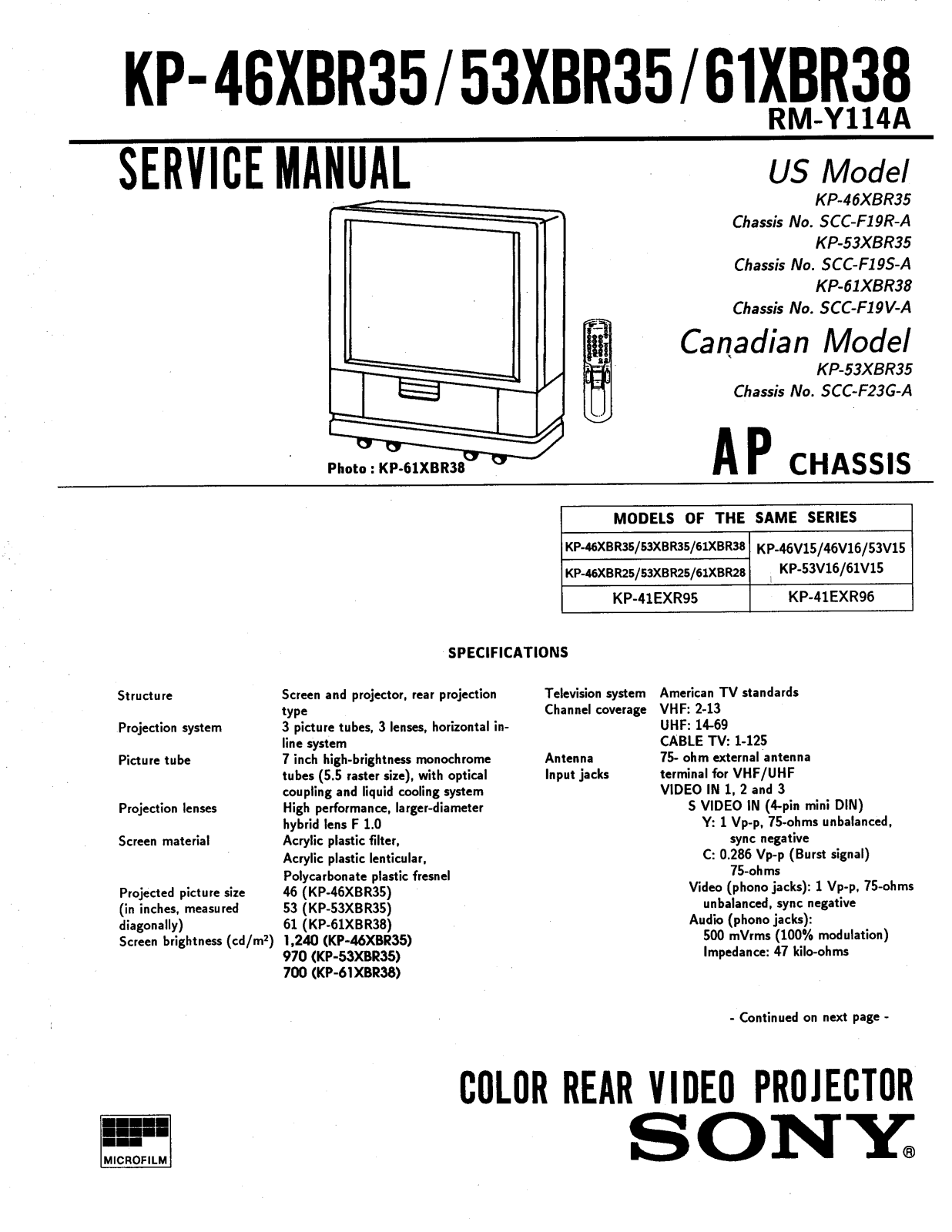 Sony kp61xbr38 Service Manual