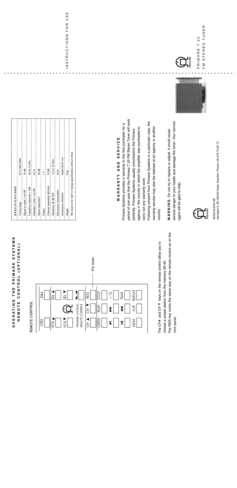 Primare T20 Owner's Manual