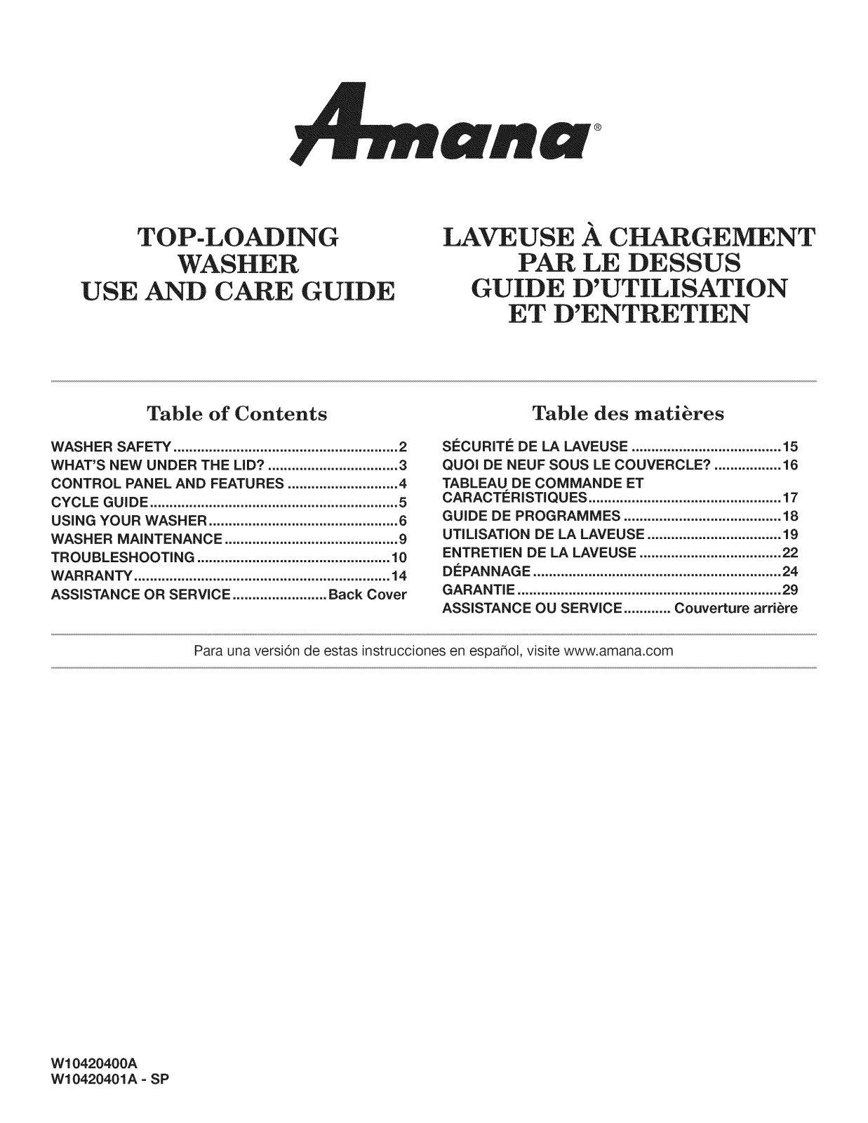 Amana NTW4601XQ0, NTW4501XQ0 Owner’s Manual