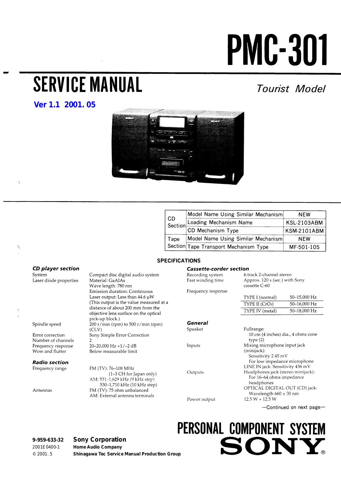 Sony PMC-301 Service manual