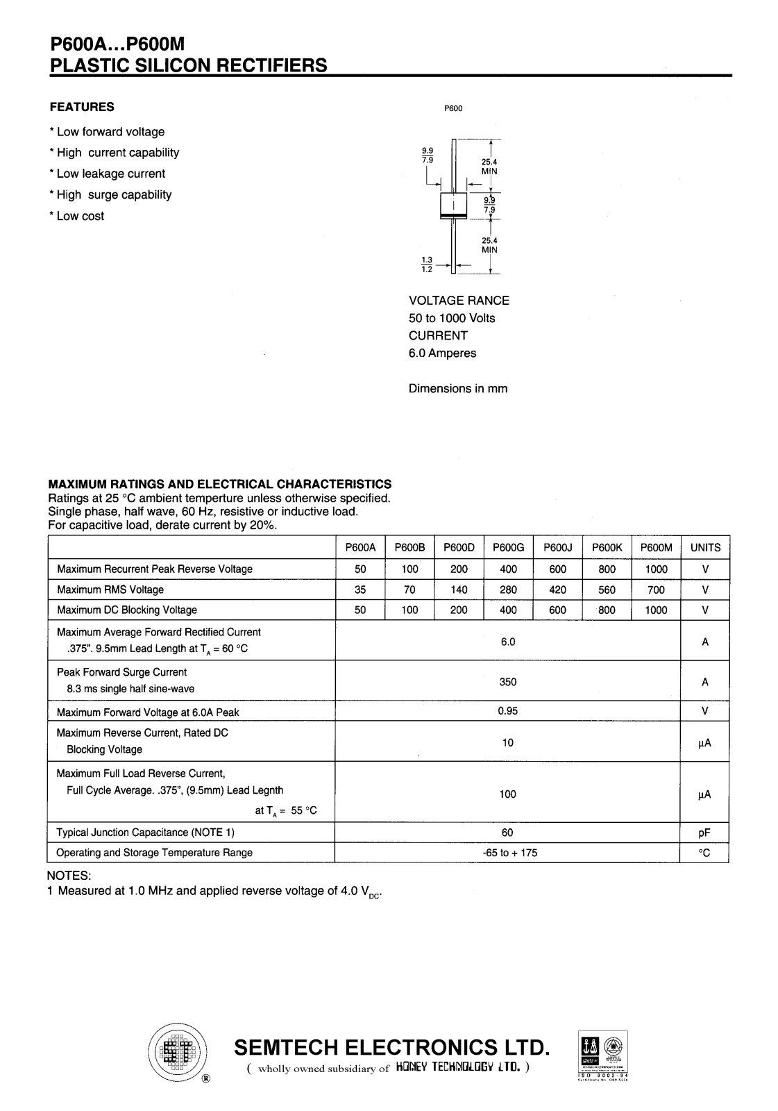 SEMTECH ELECTRONICS P600B, P600J, P600M, P600G, P600K Datasheet