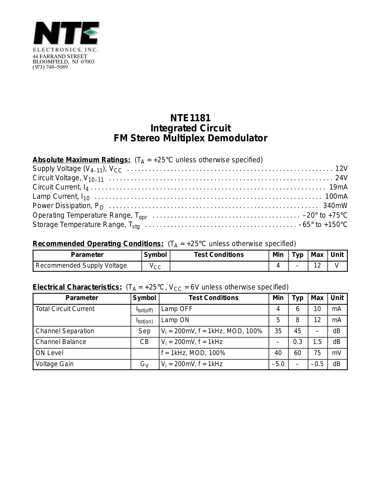 Datasheet NTE1181 Datasheet (NTE) - ManualMachine.com