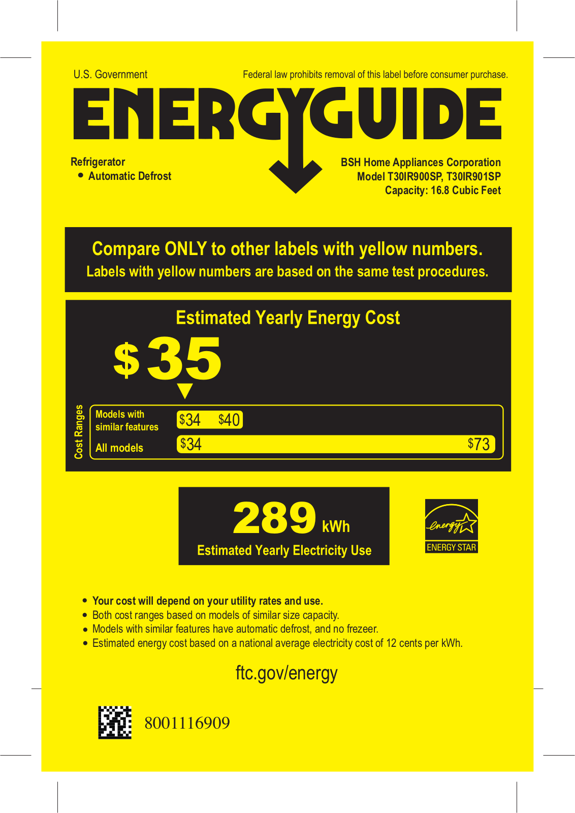 Thermador T30IR900SP Energy Guide