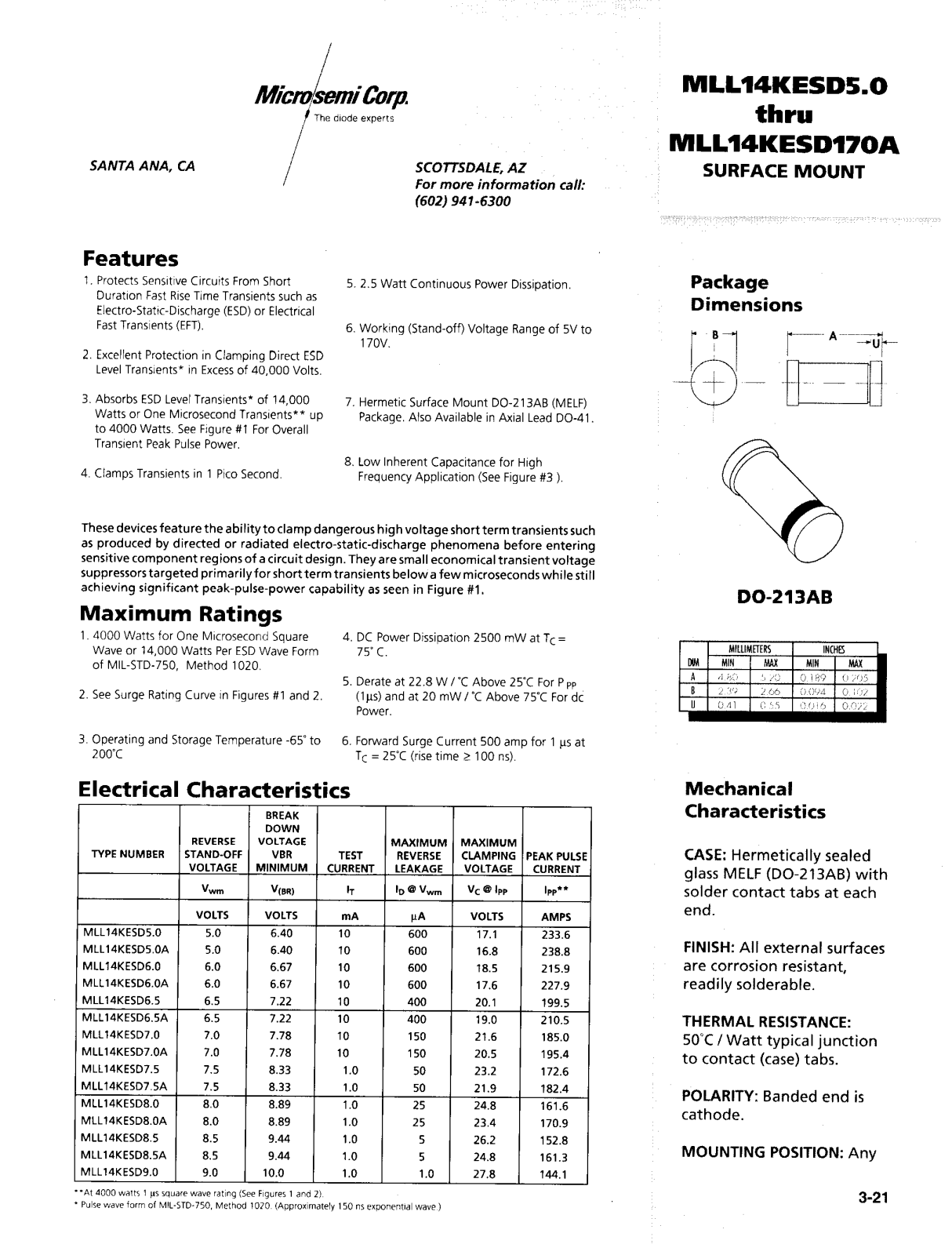 Microsemi Corporation MLL14KESD78, MLL14KESD7.5A, MLL14KESD70, MLL14KESD70A, MLL14KESD75 Datasheet