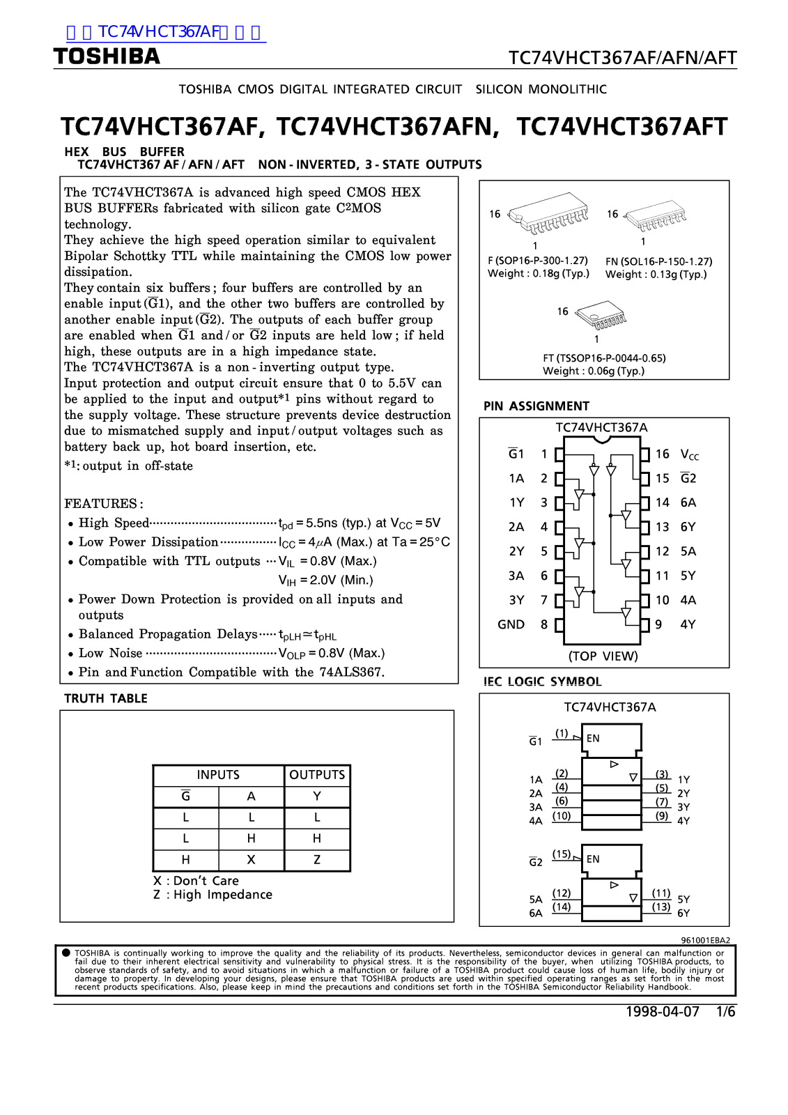 TOSHIBA TC74VHC367AFN Technical data