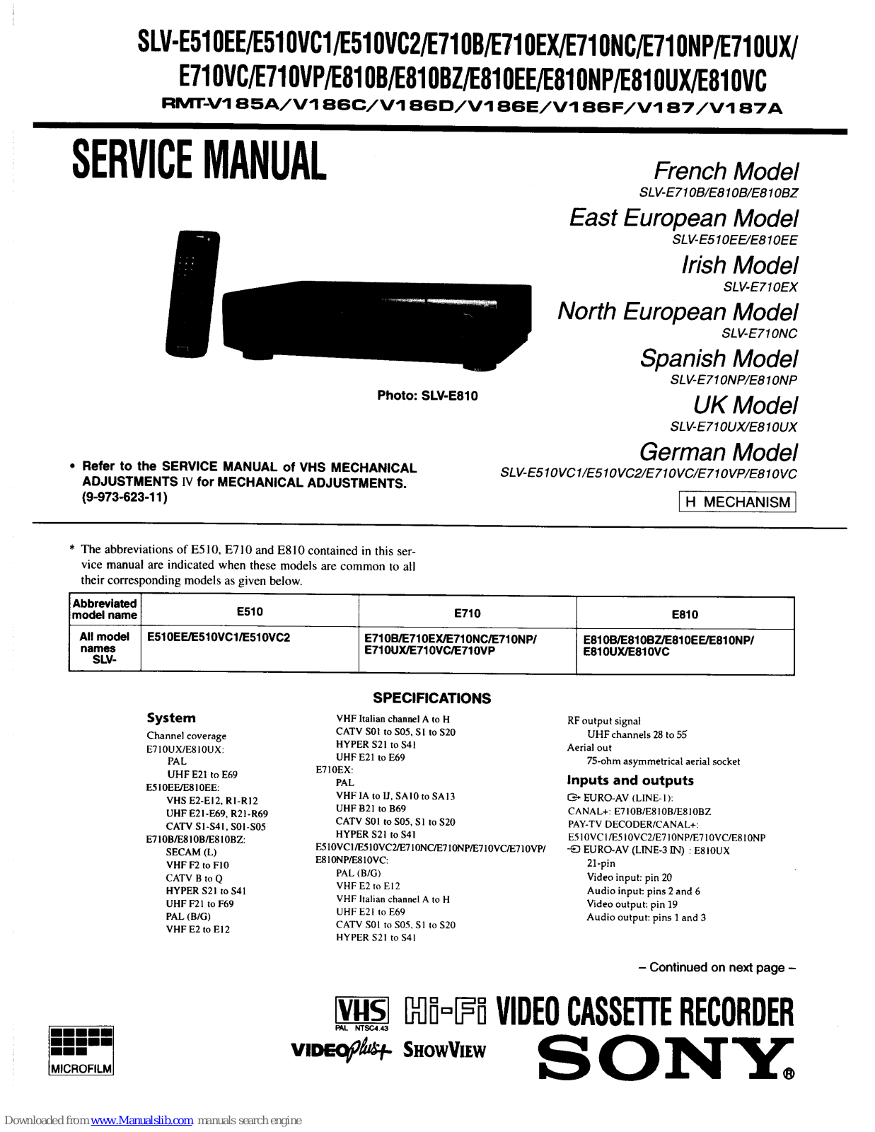 Sony SLV-E510VC1, SLV-E510VC2, SLV-E5710B, SLV-E710EX, SLV-E710NC Service Manual