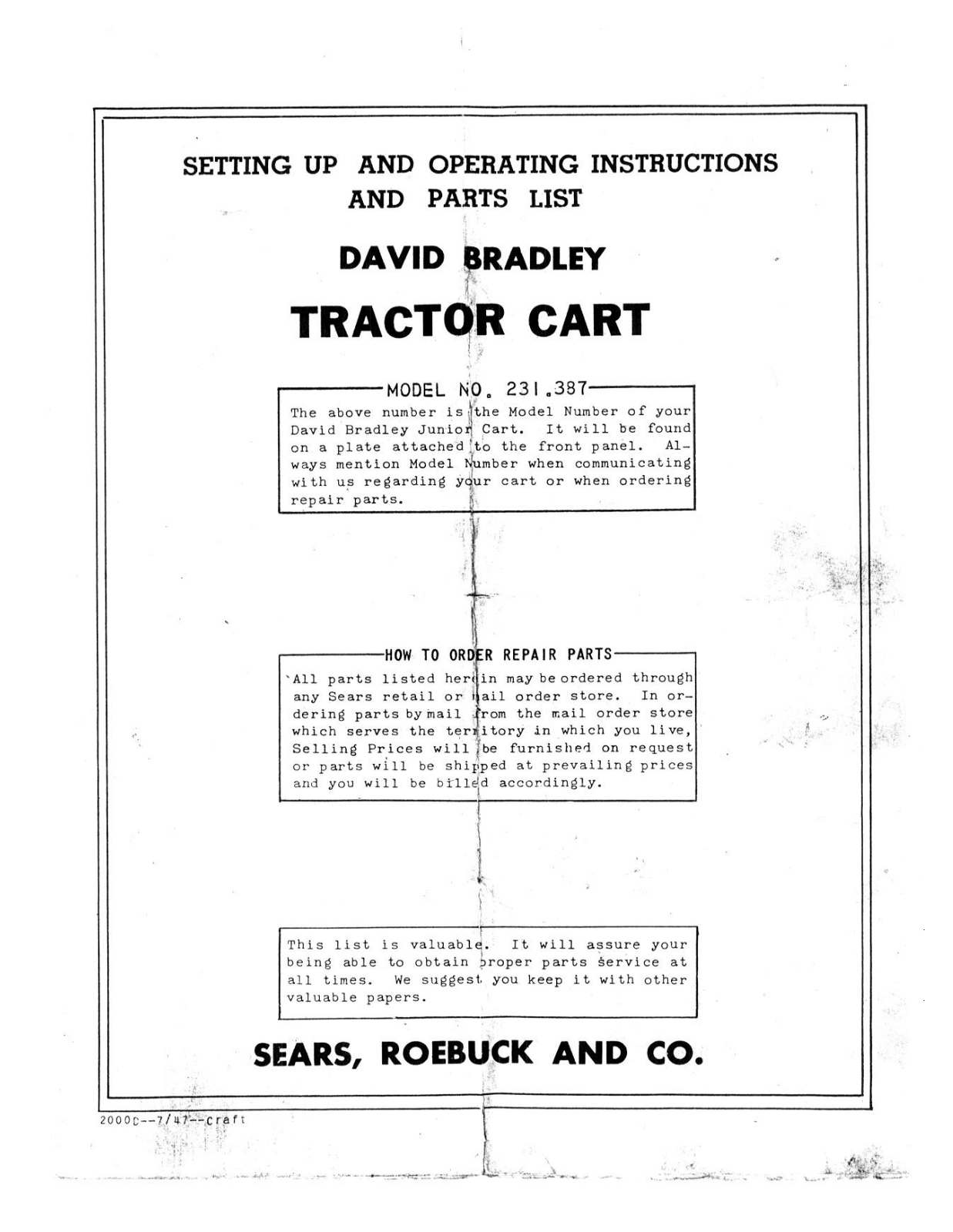 David Bradley 231.387 Operating Instruction