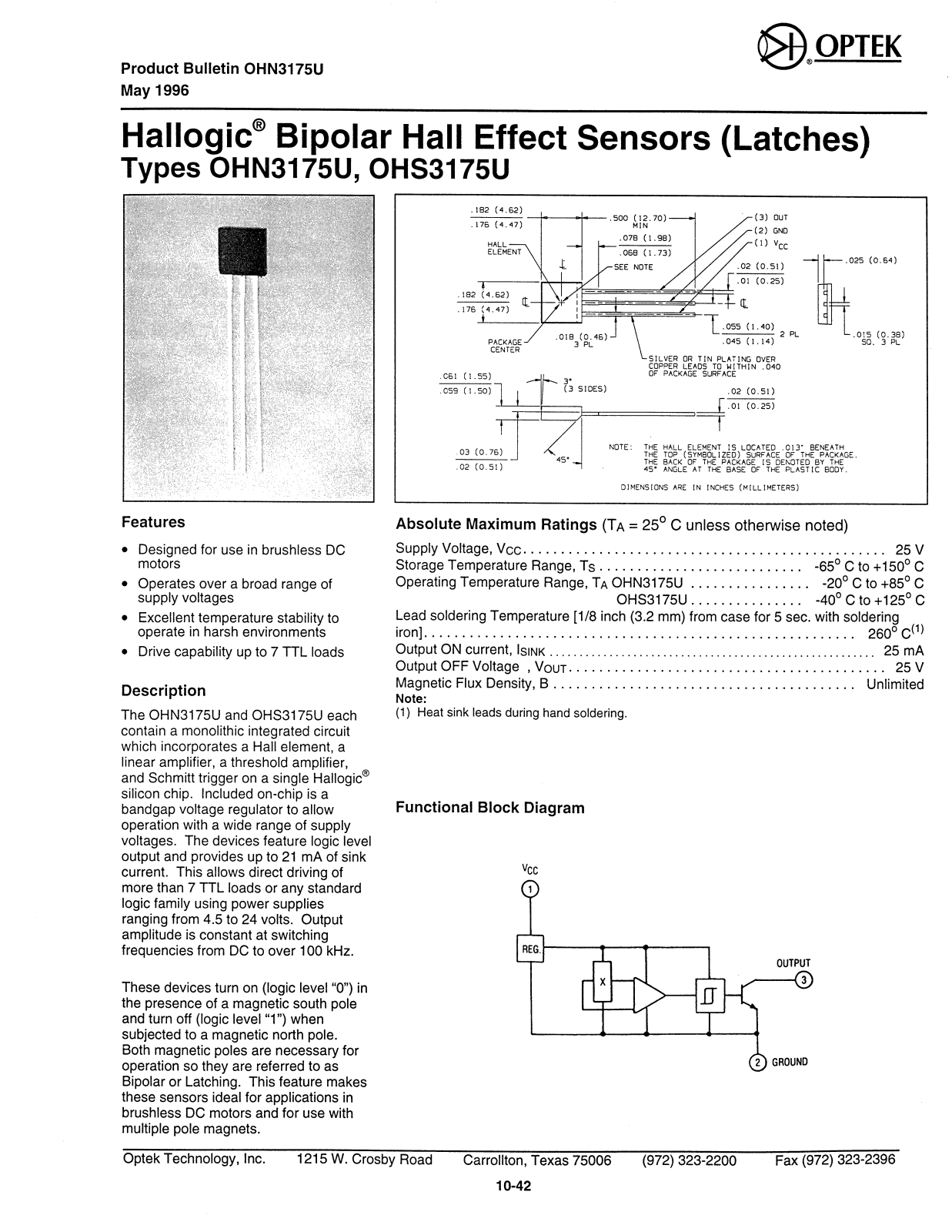 OPTEK OHN3175U, OHS3175U Datasheet