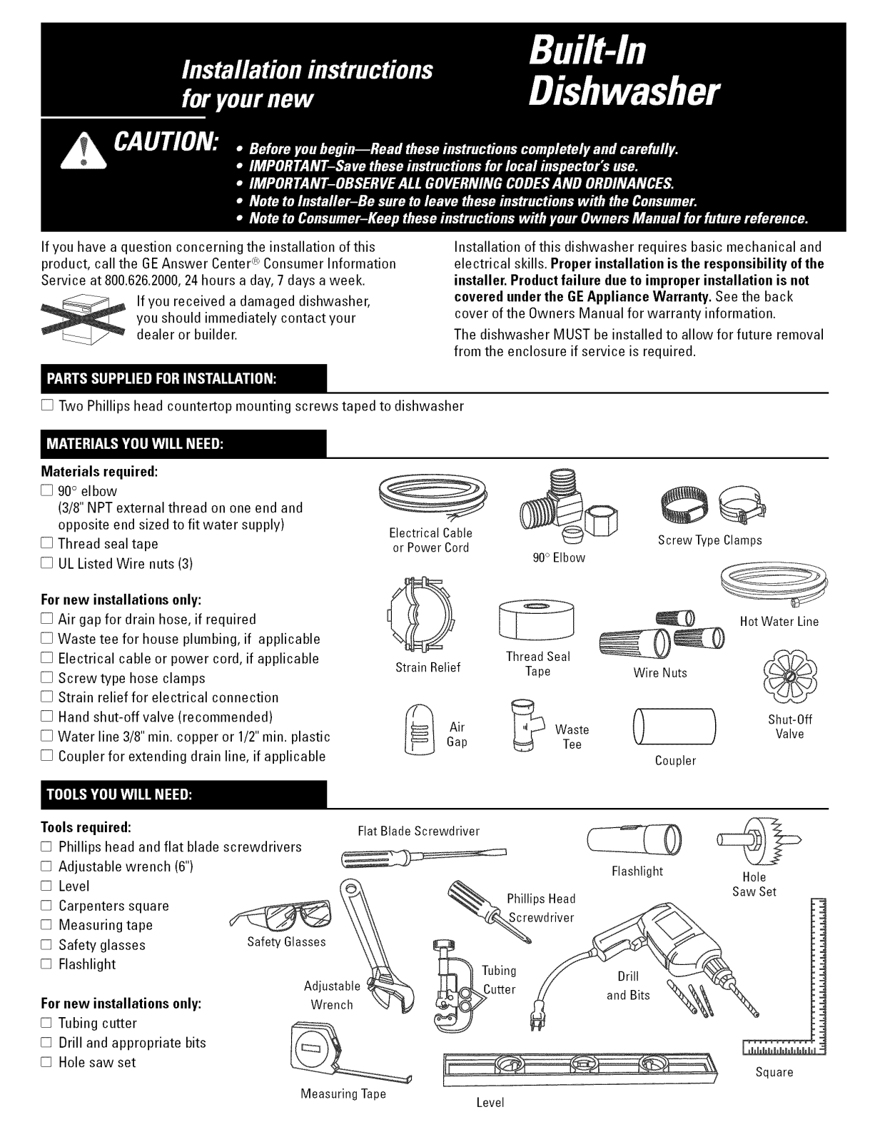 GE ADW1000K00BB, EDW2050F02CC, EDW3060G02SS, EDW3060G03SS, GSD1900J01WH Installation Guide - ManualMachine.com